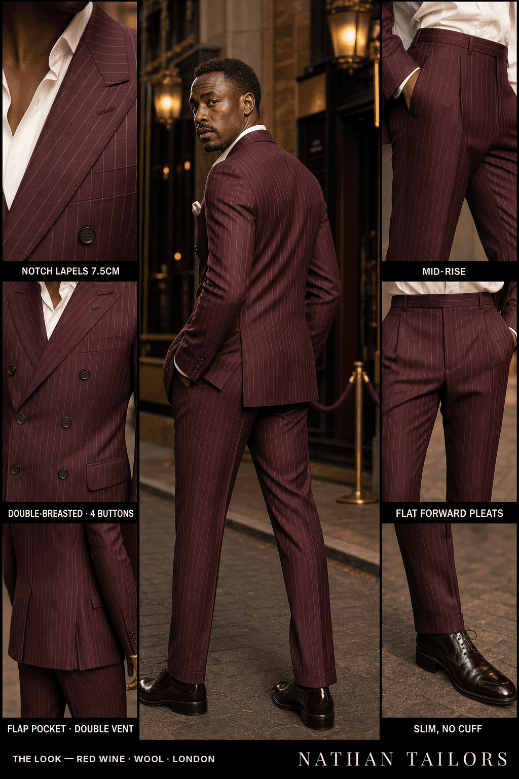 red wine pinstripe double-breasted bespoke suit — custom tailored by Nathan Tailors, the Hoi An custom tailor