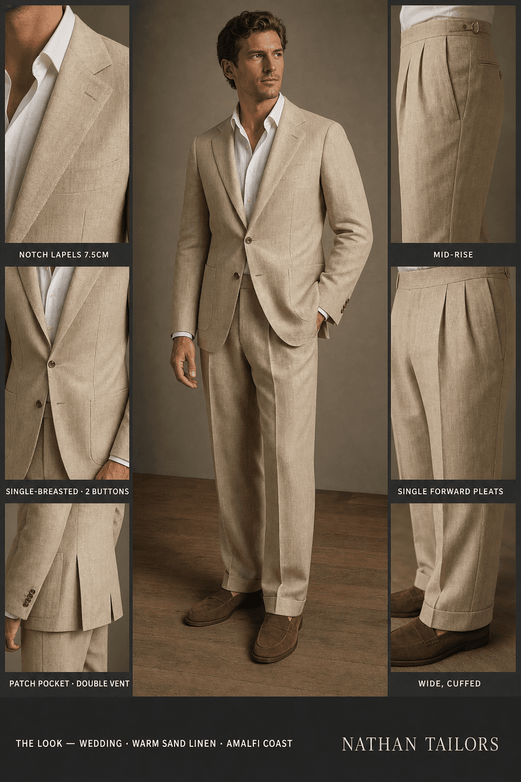 warm sand linen single-breasted notch-lapel bespoke suit — AI-rendered by Nathan Tailors, the Hoi An custom tailor. Available as a custom tailored suit from $129.