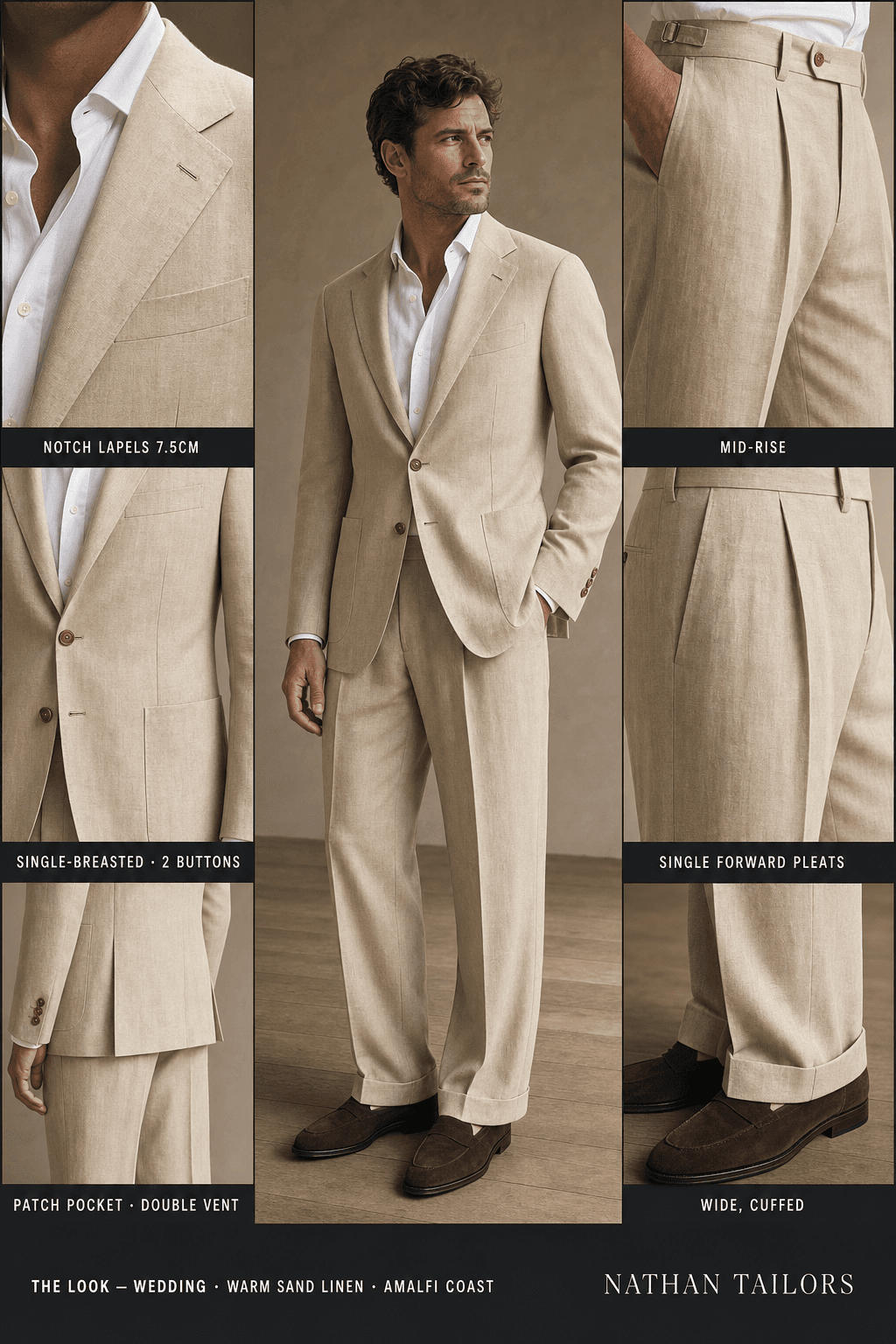 warm sand linen single-breasted bespoke suit — custom tailored by Nathan Tailors, the Hoi An custom tailor