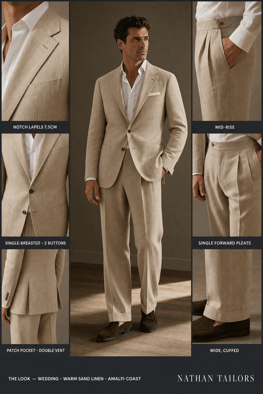 warm sand linen single-breasted notch-lapel bespoke suit — AI-rendered by Nathan Tailors, the Hoi An custom tailor. Available as a custom tailored suit from $129.