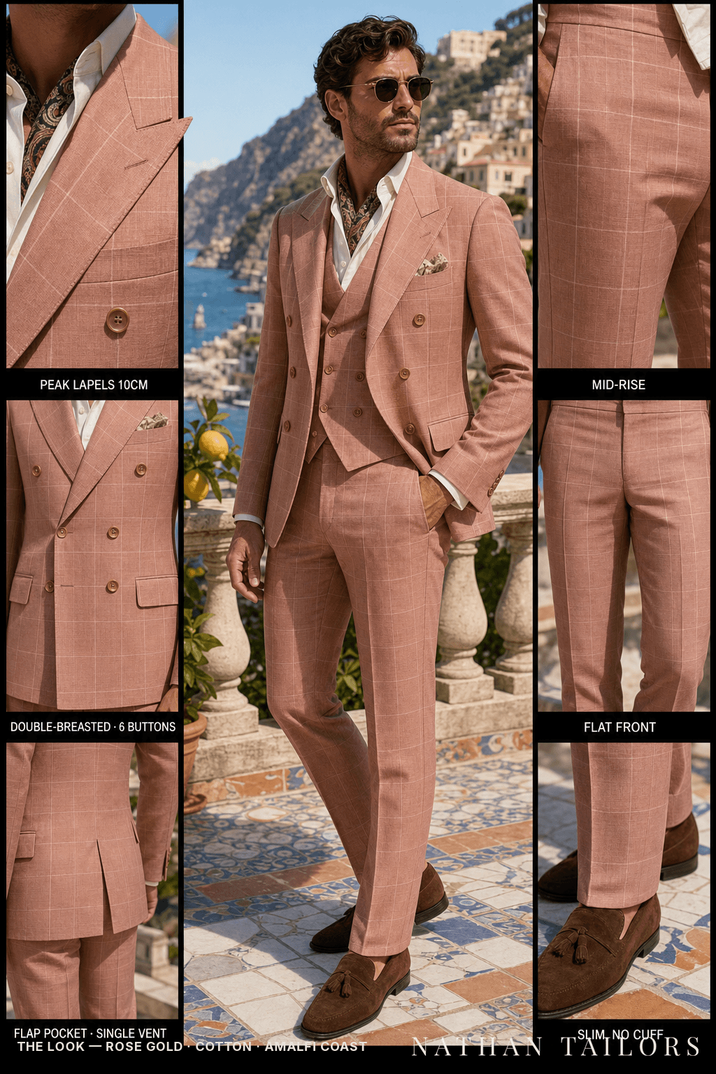 rose gold windowpane double-breasted bespoke suit — custom tailored by Nathan Tailors, the Hoi An custom tailor