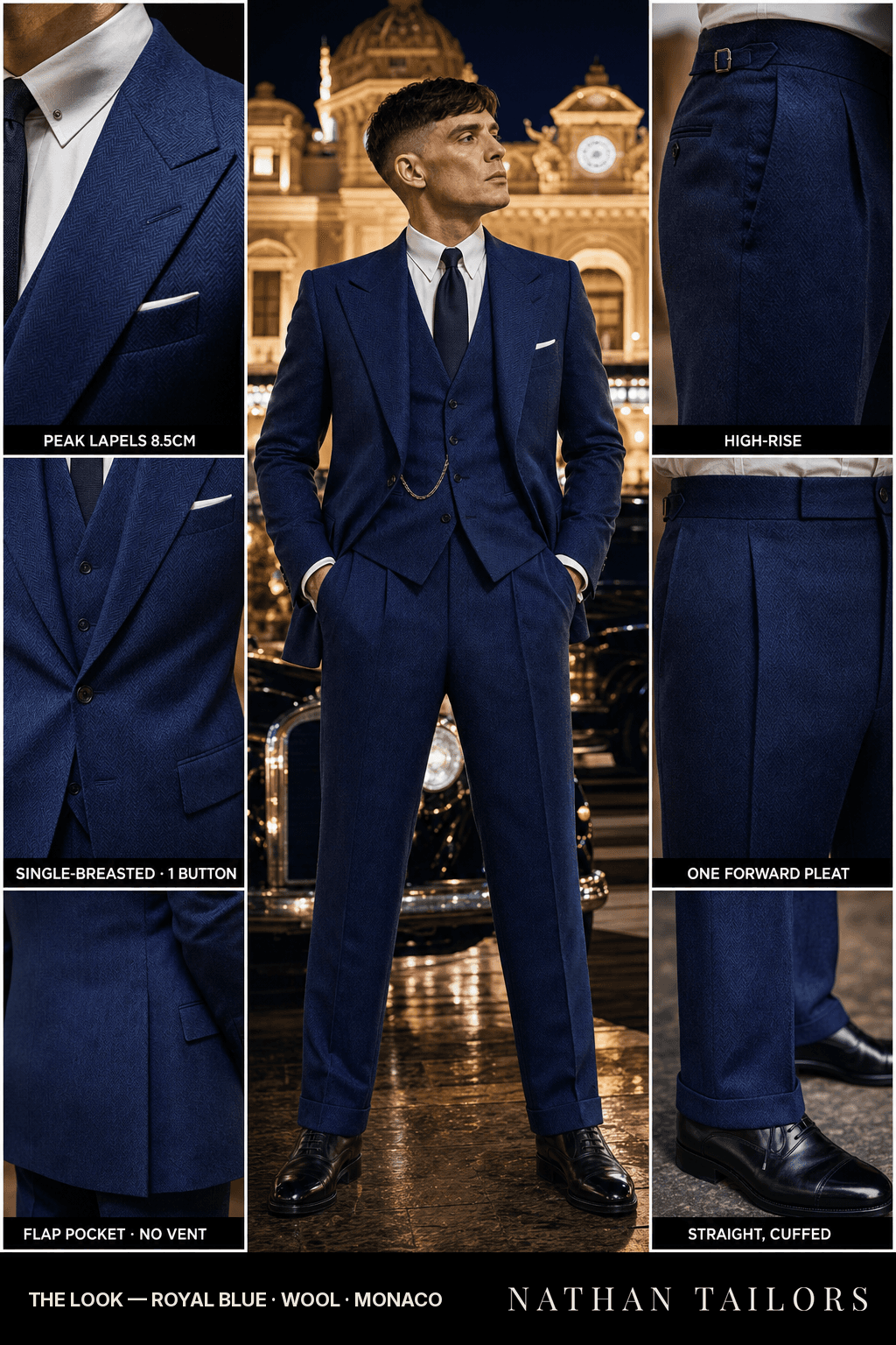 royal blue herringbone single-breasted bespoke suit — custom tailored by Nathan Tailors, the Hoi An custom tailor