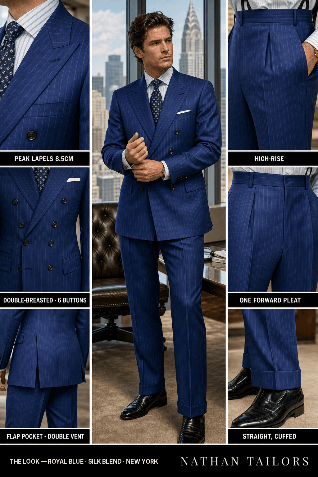 royal blue pinstripe double-breasted bespoke suit — custom tailored by Nathan Tailors, the Hoi An custom tailor