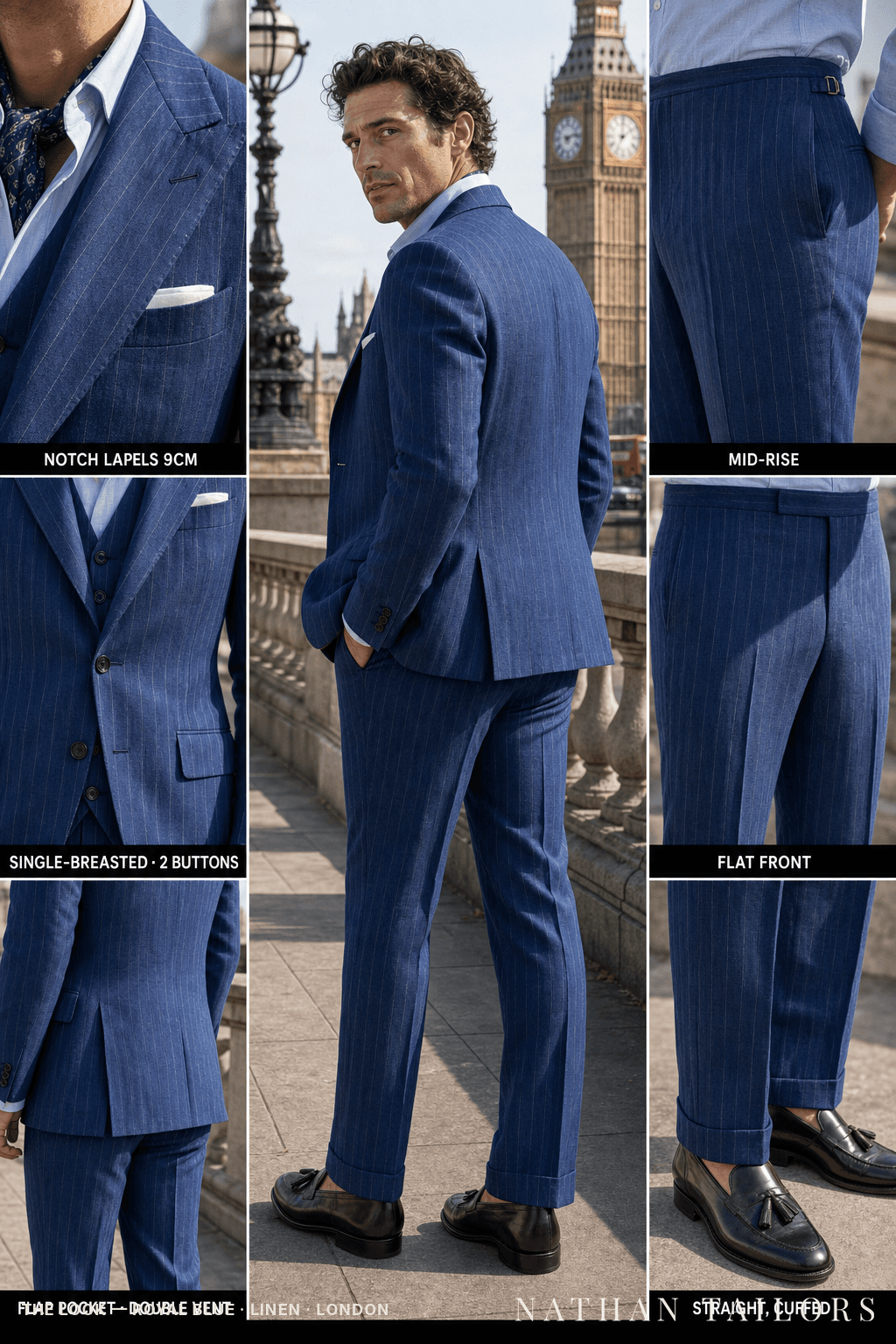 royal blue pinstripe single-breasted notch-lapel bespoke suit — AI-rendered by Nathan Tailors, the Hoi An custom tailor. Available as a custom tailored suit from $149.