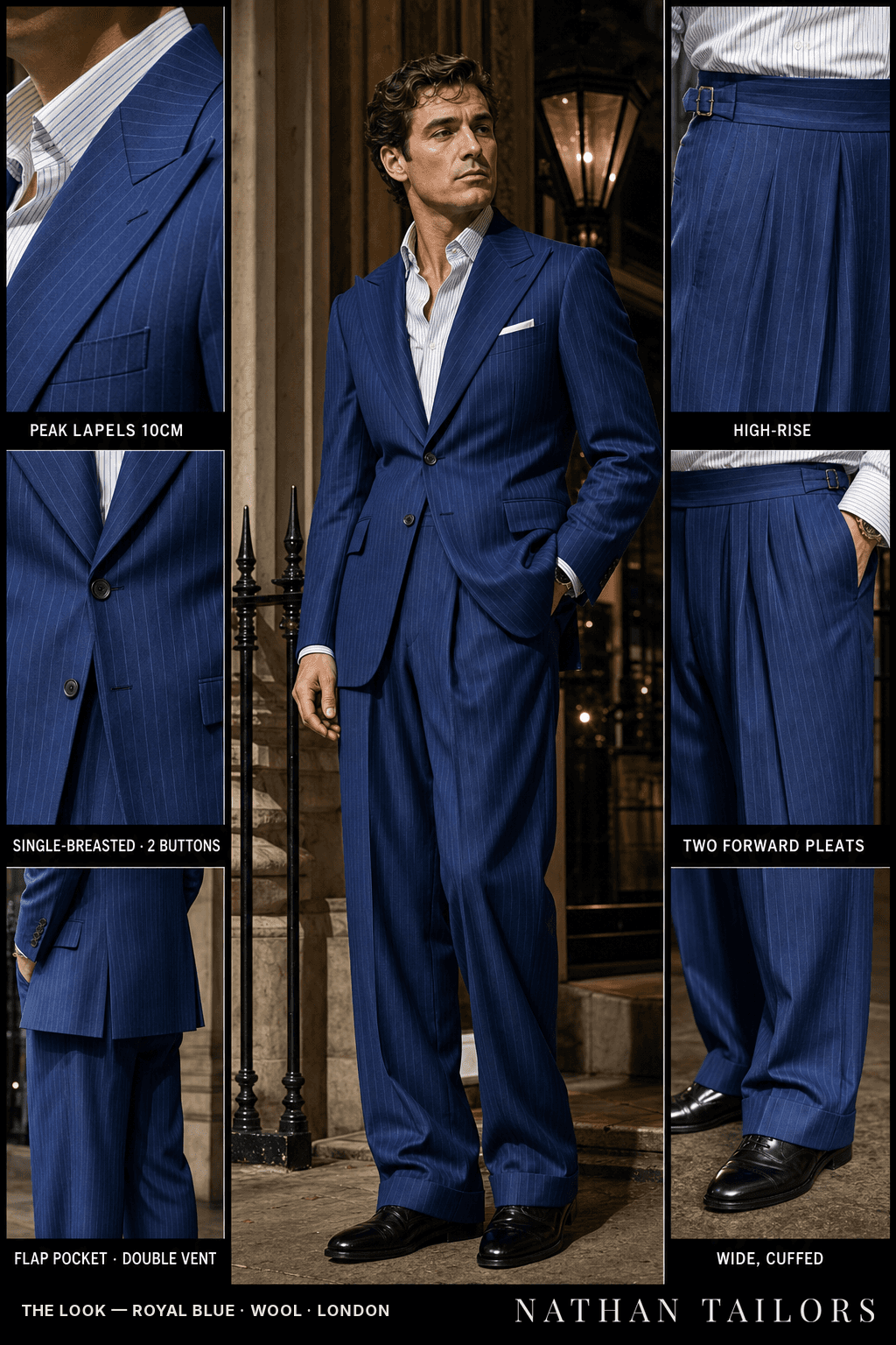 royal blue pinstripe single-breasted peak-lapel bespoke suit — AI-rendered by Nathan Tailors, the Hoi An custom tailor. Available as a custom tailored suit from $149.