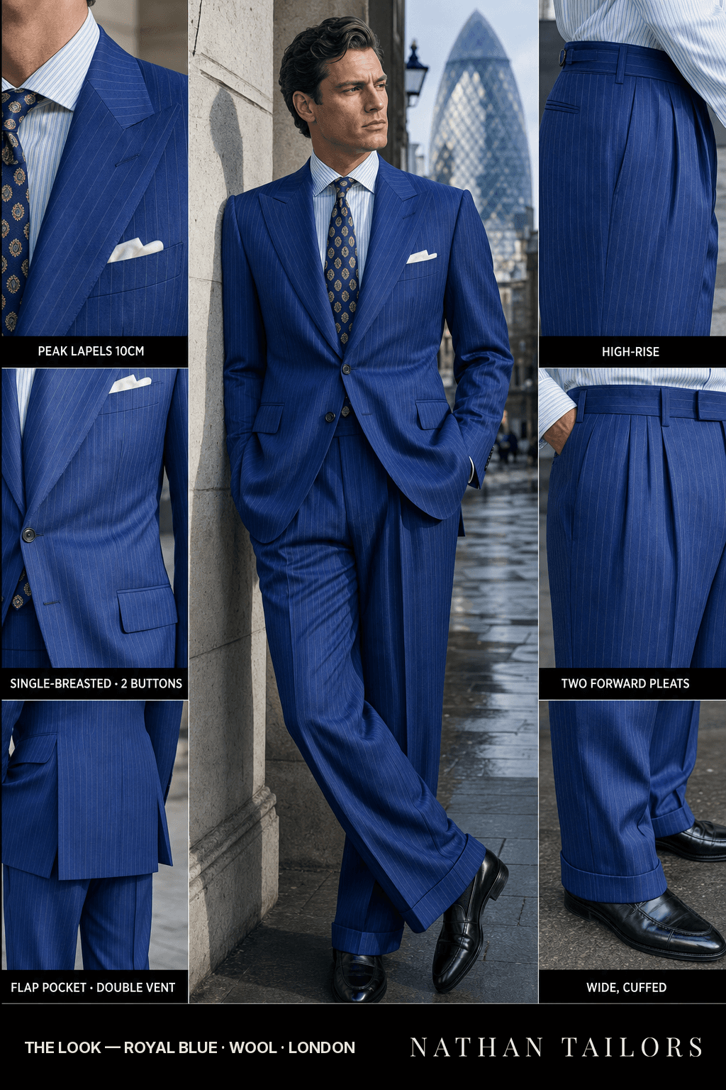 royal blue pinstripe single-breasted peak-lapel bespoke suit — AI-rendered by Nathan Tailors, the Hoi An custom tailor. Available as a custom tailored suit from $149.