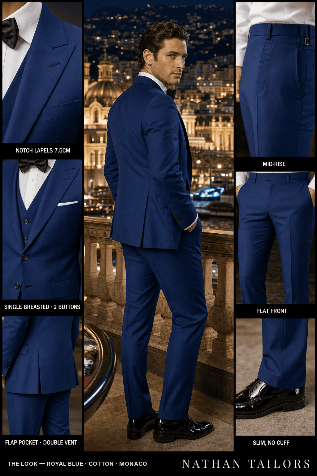 royal blue single-breasted notch-lapel bespoke suit — AI-rendered by Nathan Tailors, the Hoi An custom tailor. Available as a custom tailored suit from $149.