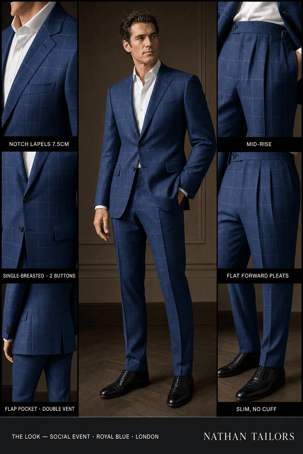 royal blue windowpane single-breasted bespoke suit — custom tailored by Nathan Tailors, the Hoi An custom tailor