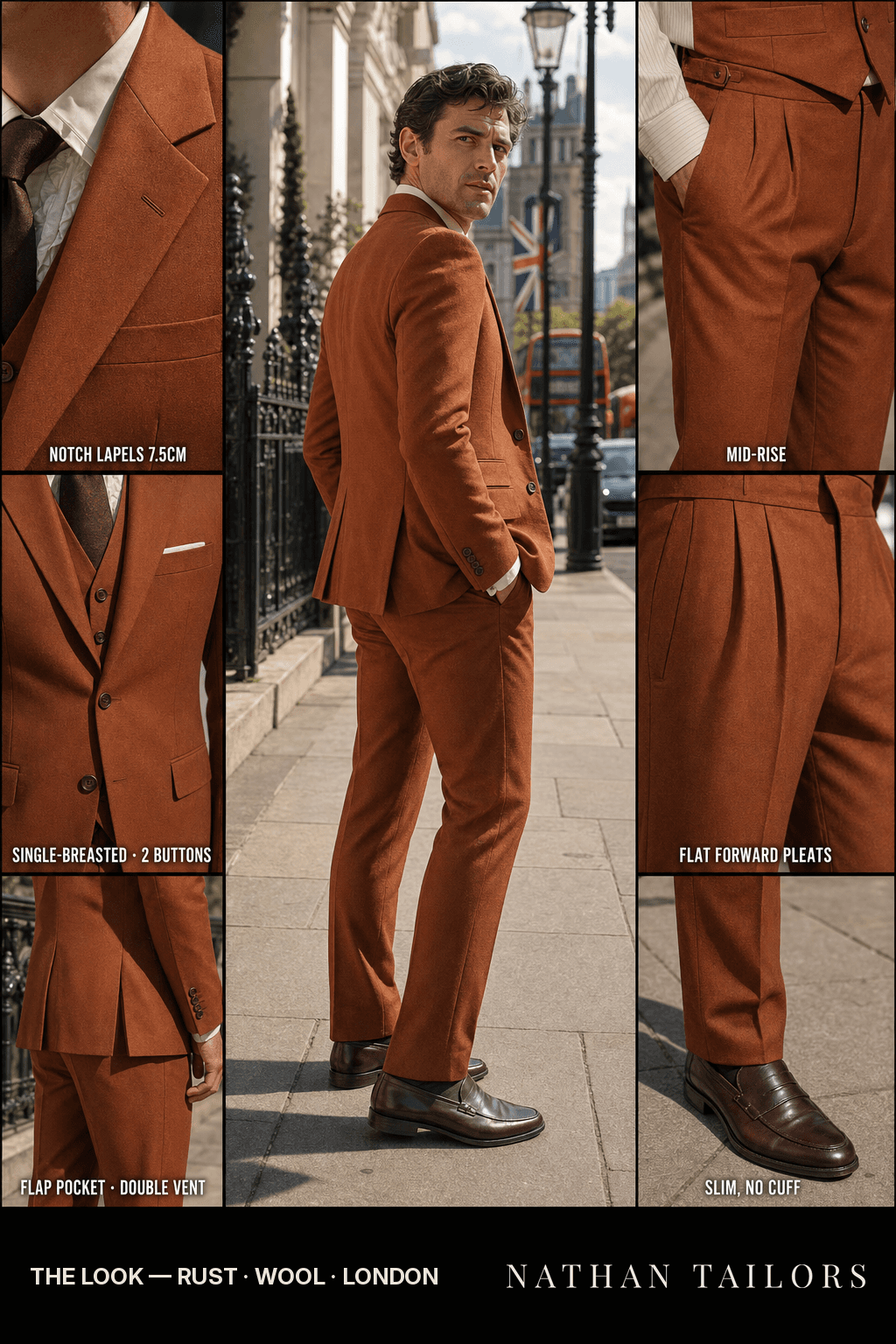 rust single-breasted bespoke suit — custom tailored by Nathan Tailors, the Hoi An custom tailor