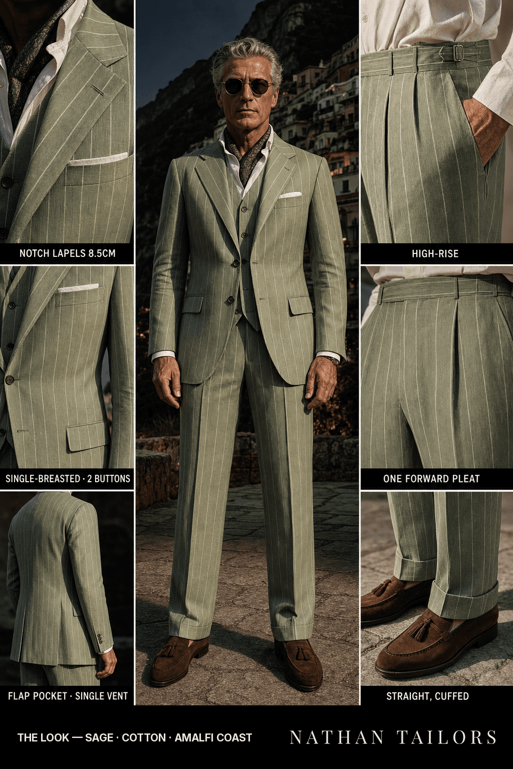 sage chalk stripe single-breasted notch-lapel bespoke suit — AI-rendered by Nathan Tailors, the Hoi An custom tailor. Available as a custom tailored suit from $149.