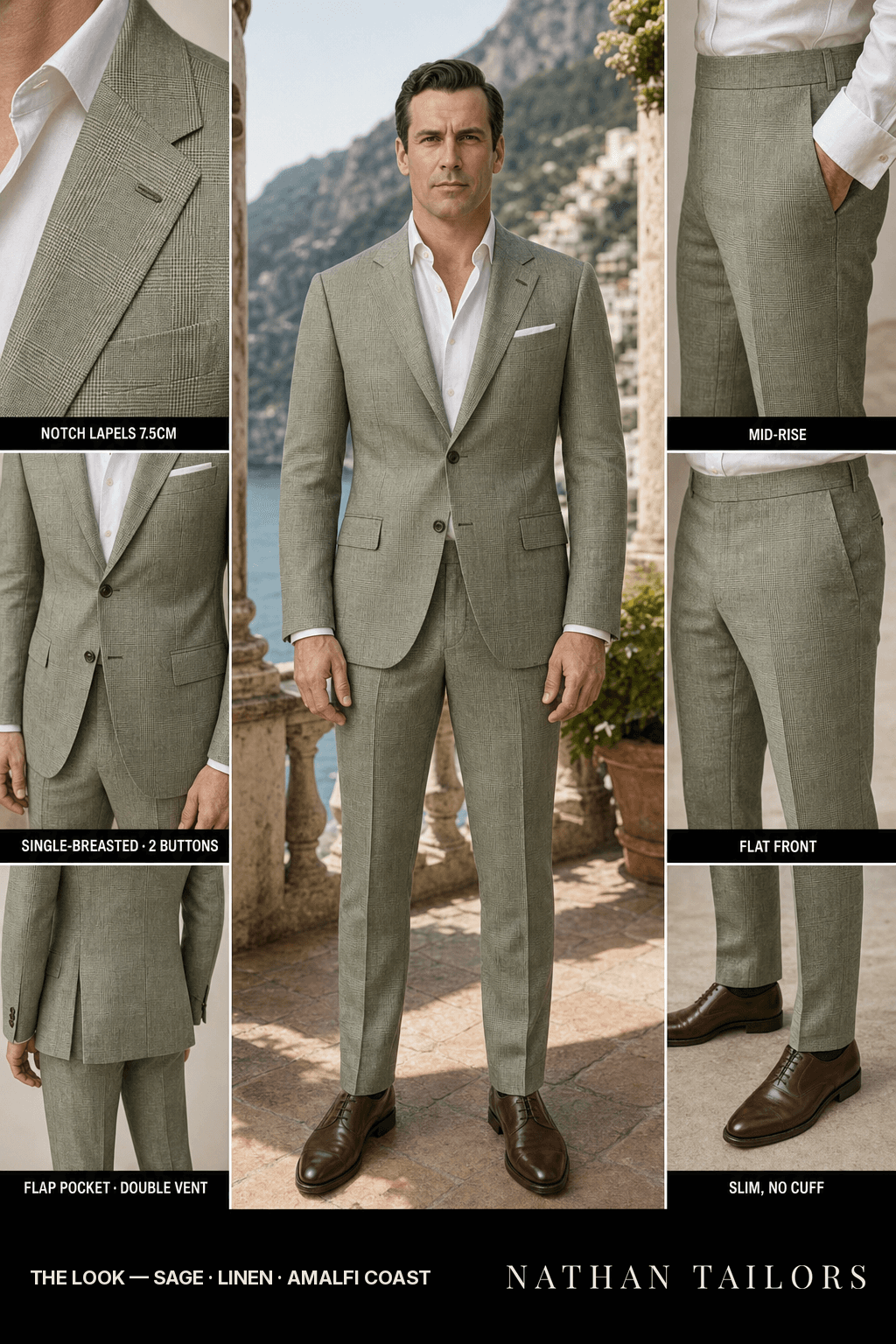 sage glen plaid single-breasted notch-lapel bespoke suit — AI-rendered by Nathan Tailors, the Hoi An custom tailor. Available as a custom tailored suit from $149.
