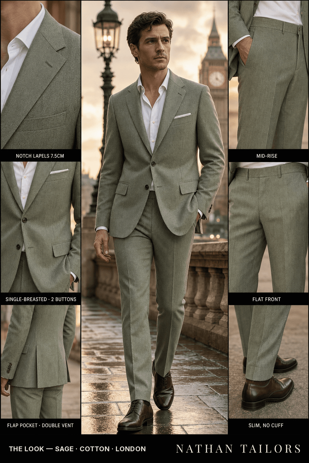 sage herringbone single-breasted bespoke suit — custom tailored by Nathan Tailors, the Hoi An custom tailor