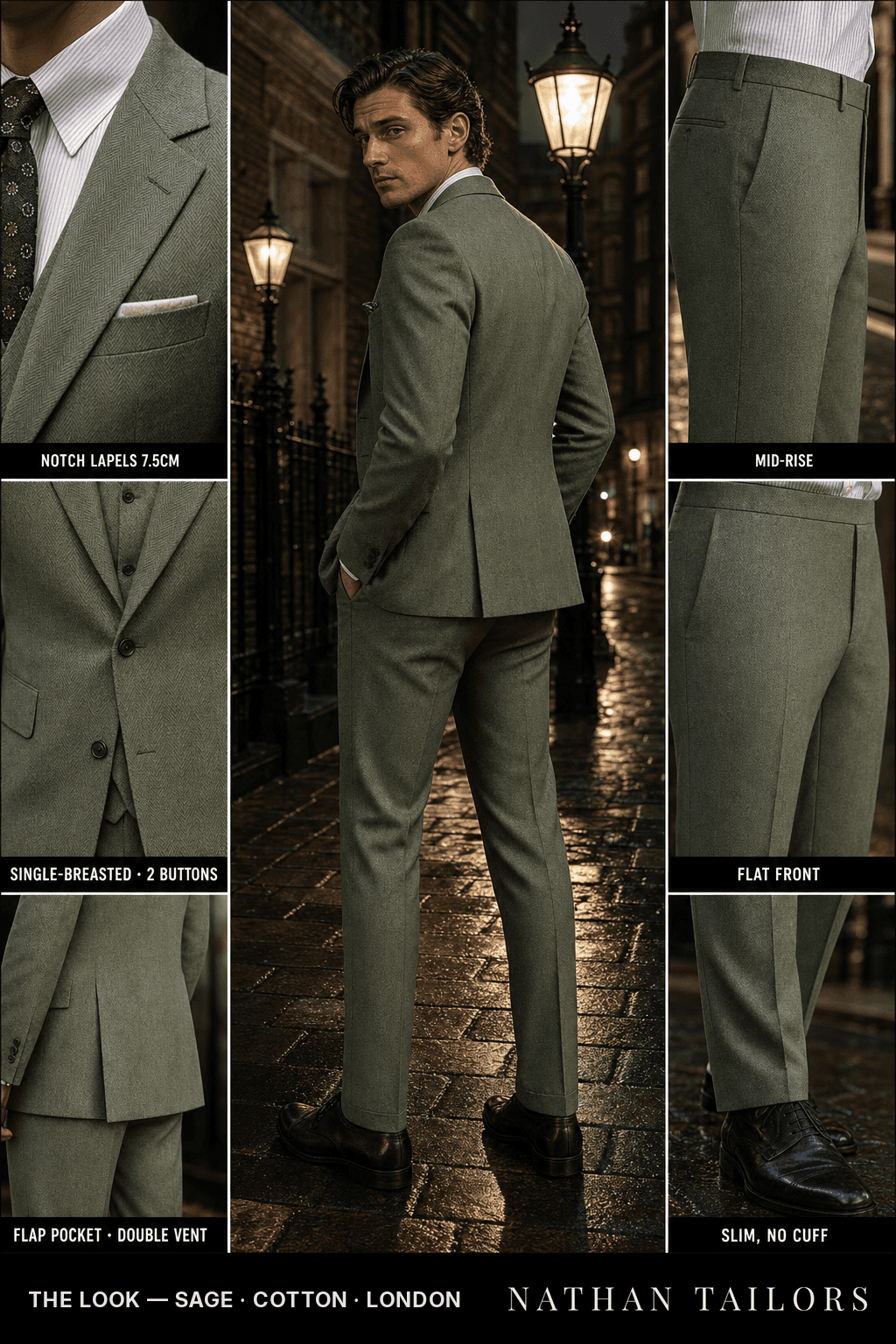 sage herringbone single-breasted bespoke suit — custom tailored by Nathan Tailors, the Hoi An custom tailor