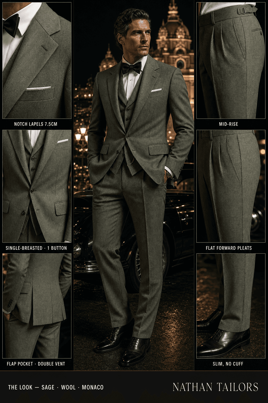 sage herringbone single-breasted bespoke suit — custom tailored by Nathan Tailors, the Hoi An custom tailor