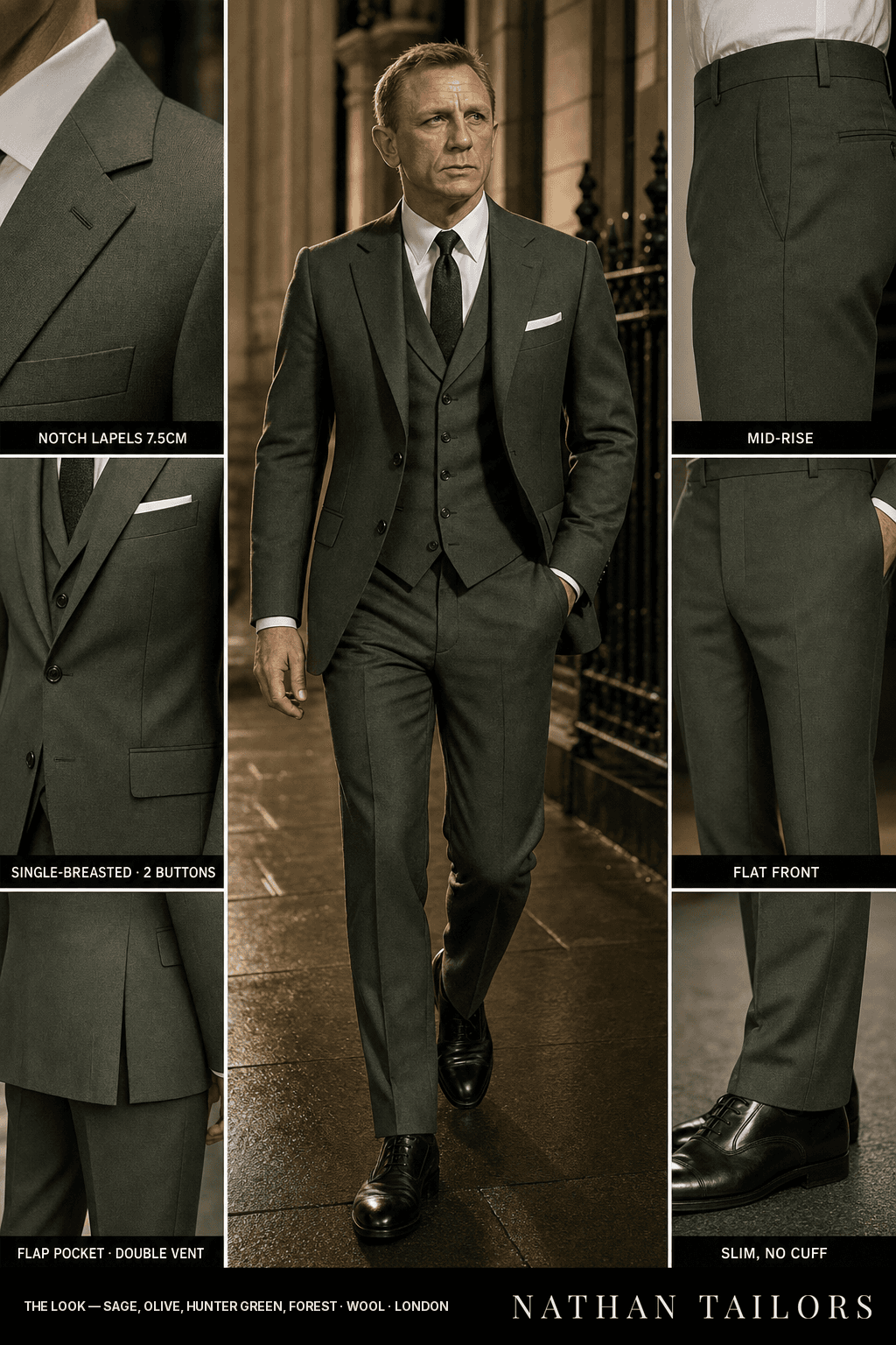 Sage, olive, hunter green, forest single-breasted notch-lapel bespoke suit — AI-rendered by Nathan Tailors, the Hoi An custom tailor. Available as a custom tailored suit from $149.