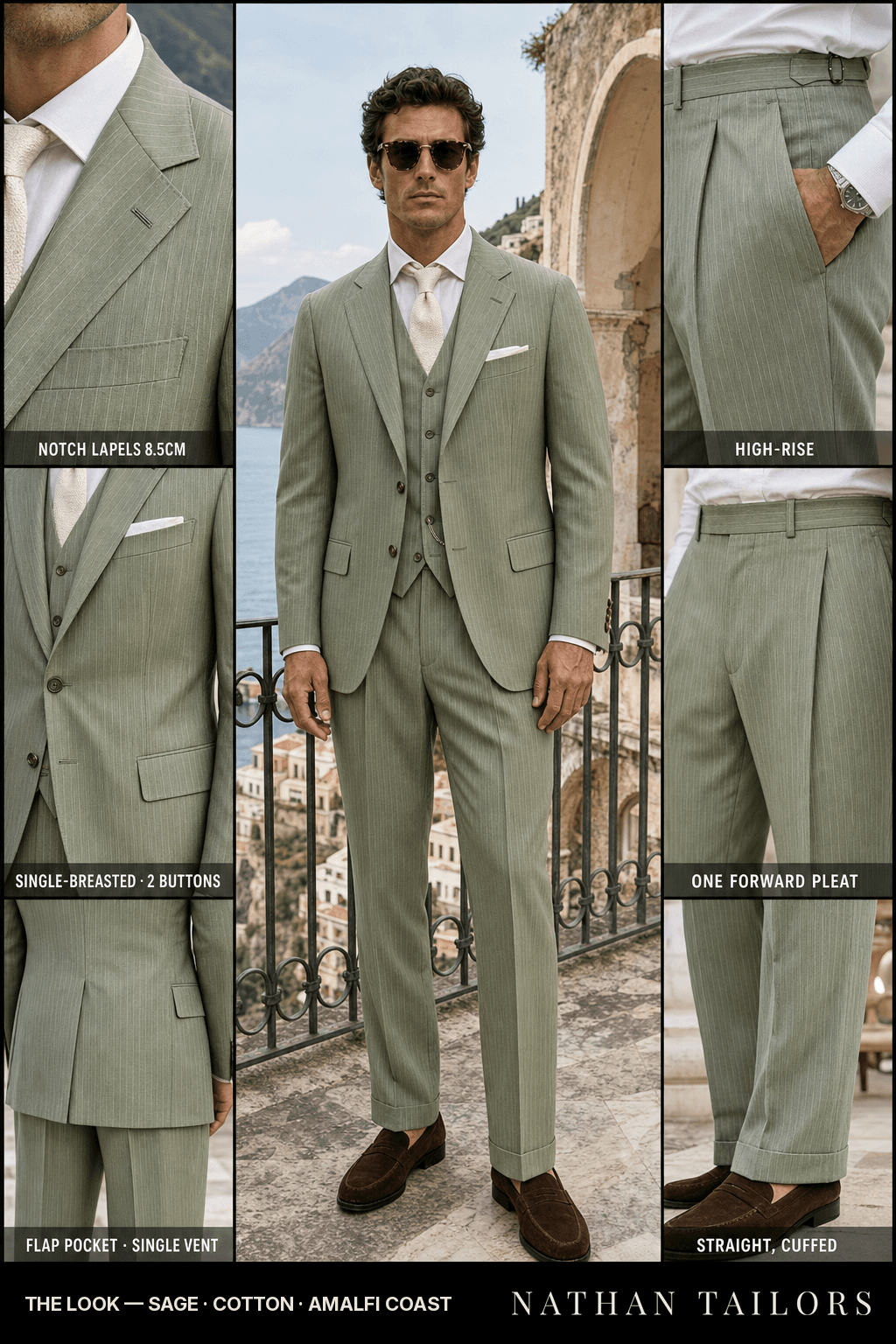 sage pinstripe single-breasted notch-lapel bespoke suit — AI-rendered by Nathan Tailors, the Hoi An custom tailor. Available as a custom tailored suit from $149.