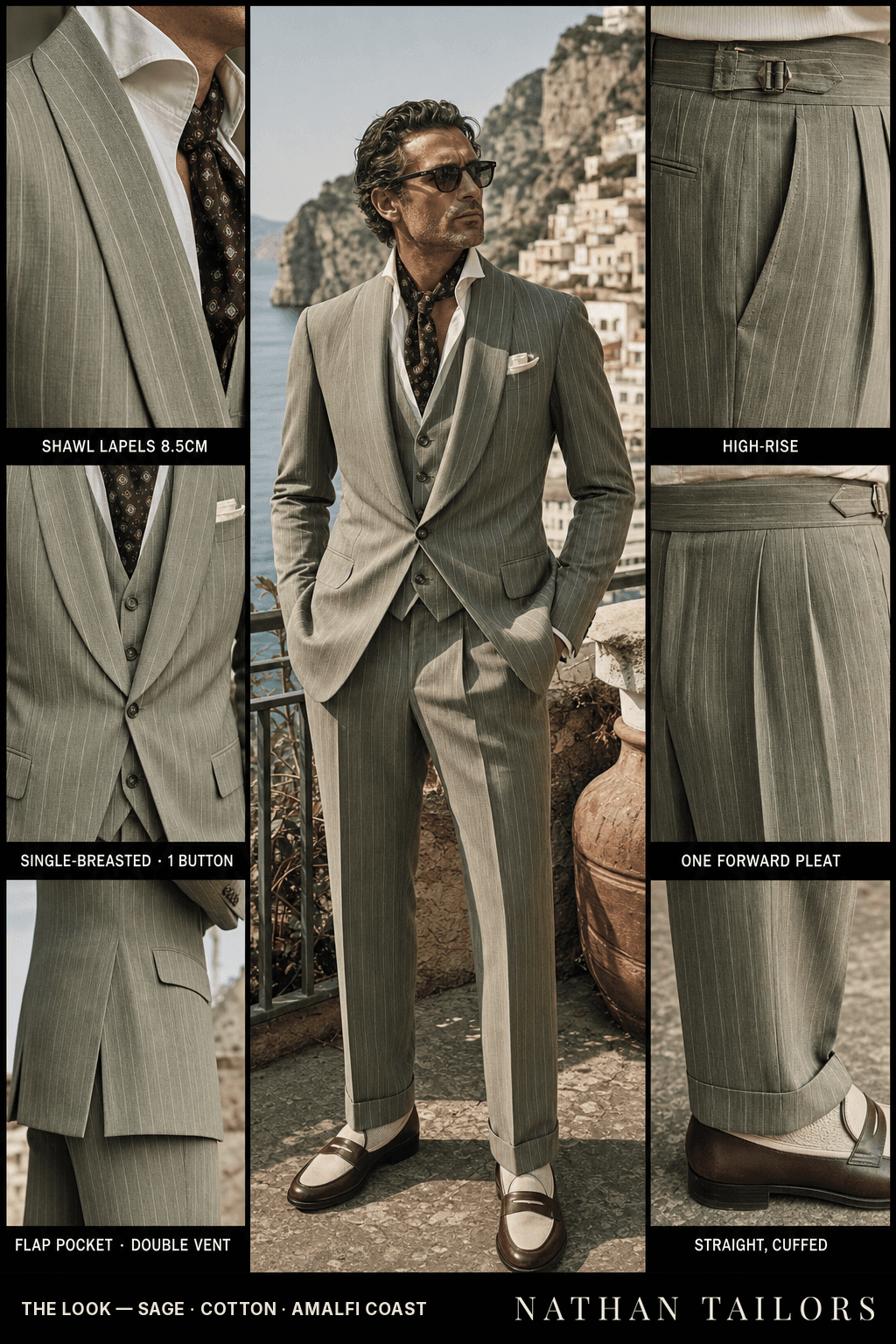 sage pinstripe single-breasted bespoke suit — custom tailored by Nathan Tailors, the Hoi An custom tailor