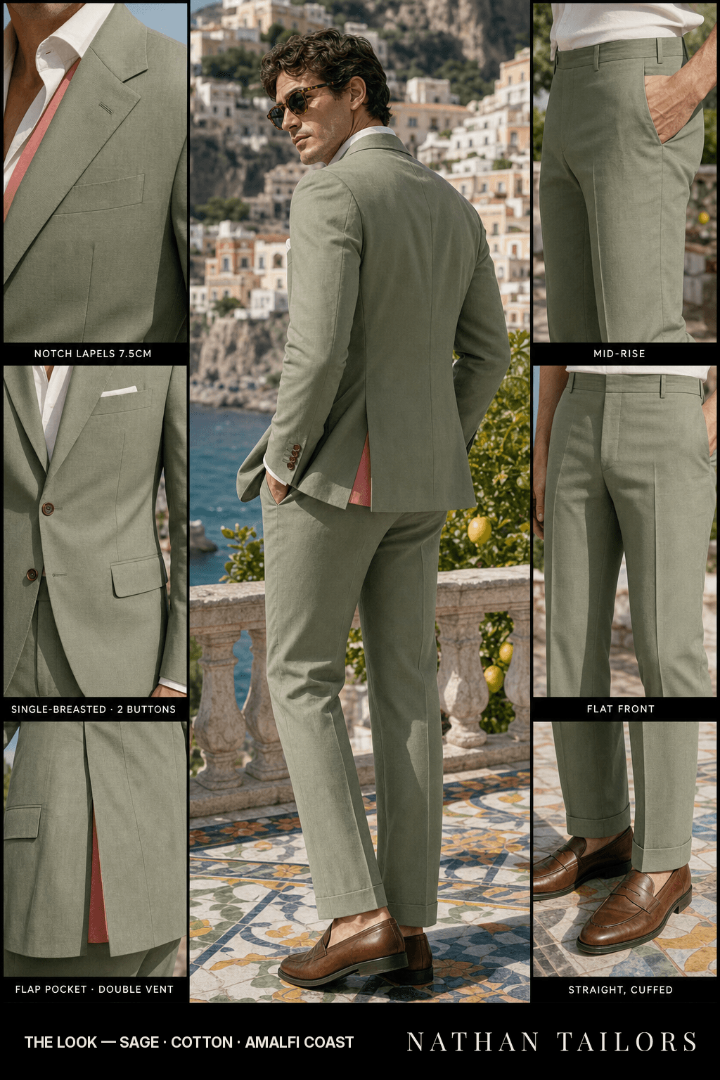 sage single-breasted bespoke suit — custom tailored by Nathan Tailors, the Hoi An custom tailor