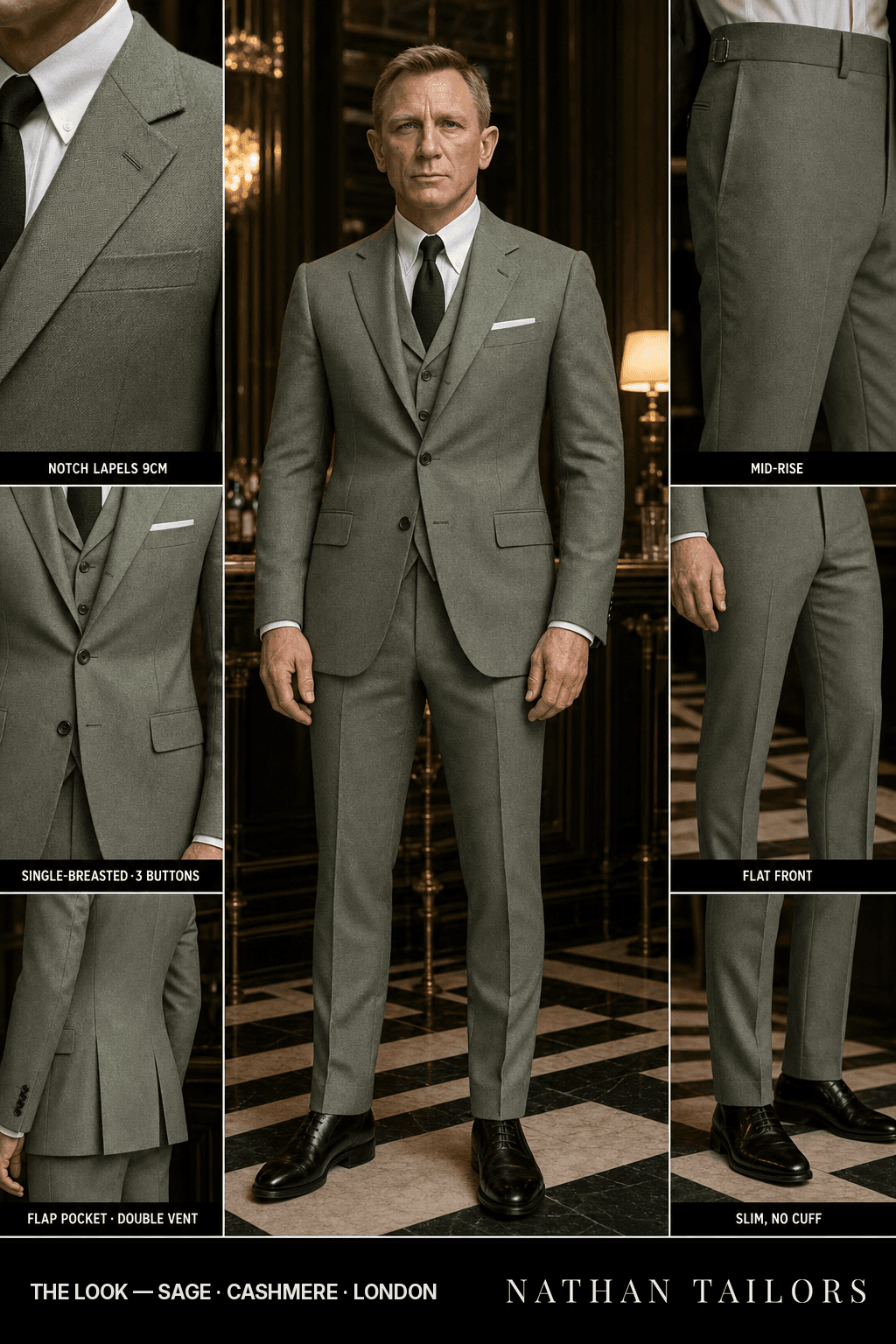 sage single-breasted notch-lapel bespoke suit — AI-rendered by Nathan Tailors, the Hoi An custom tailor. Available as a custom tailored suit from $149.
