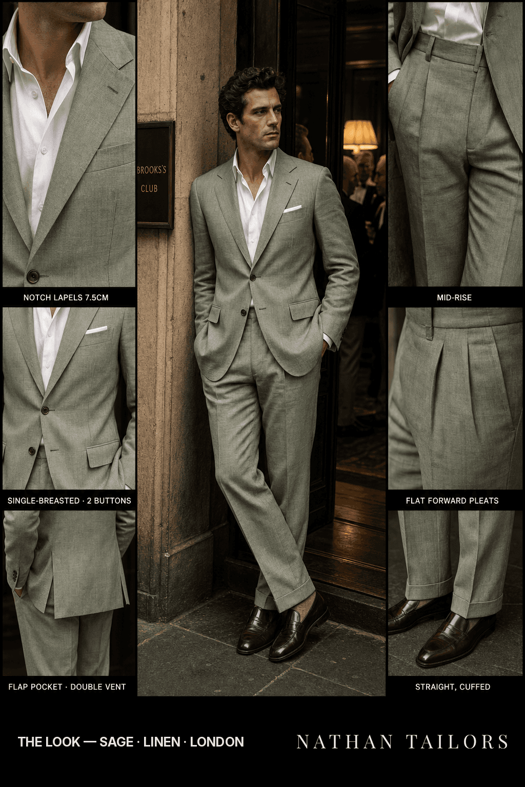 sage single-breasted notch-lapel bespoke suit — AI-rendered by Nathan Tailors, the Hoi An custom tailor. Available as a custom tailored suit from $149.