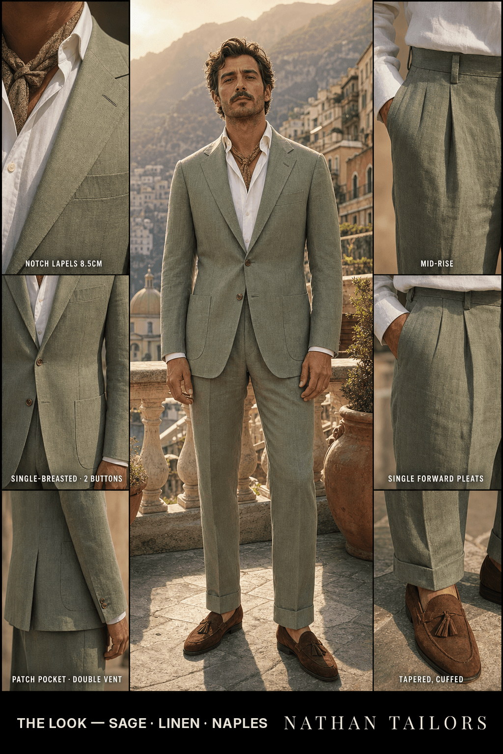 sage single-breasted bespoke suit — custom tailored by Nathan Tailors, the Hoi An custom tailor