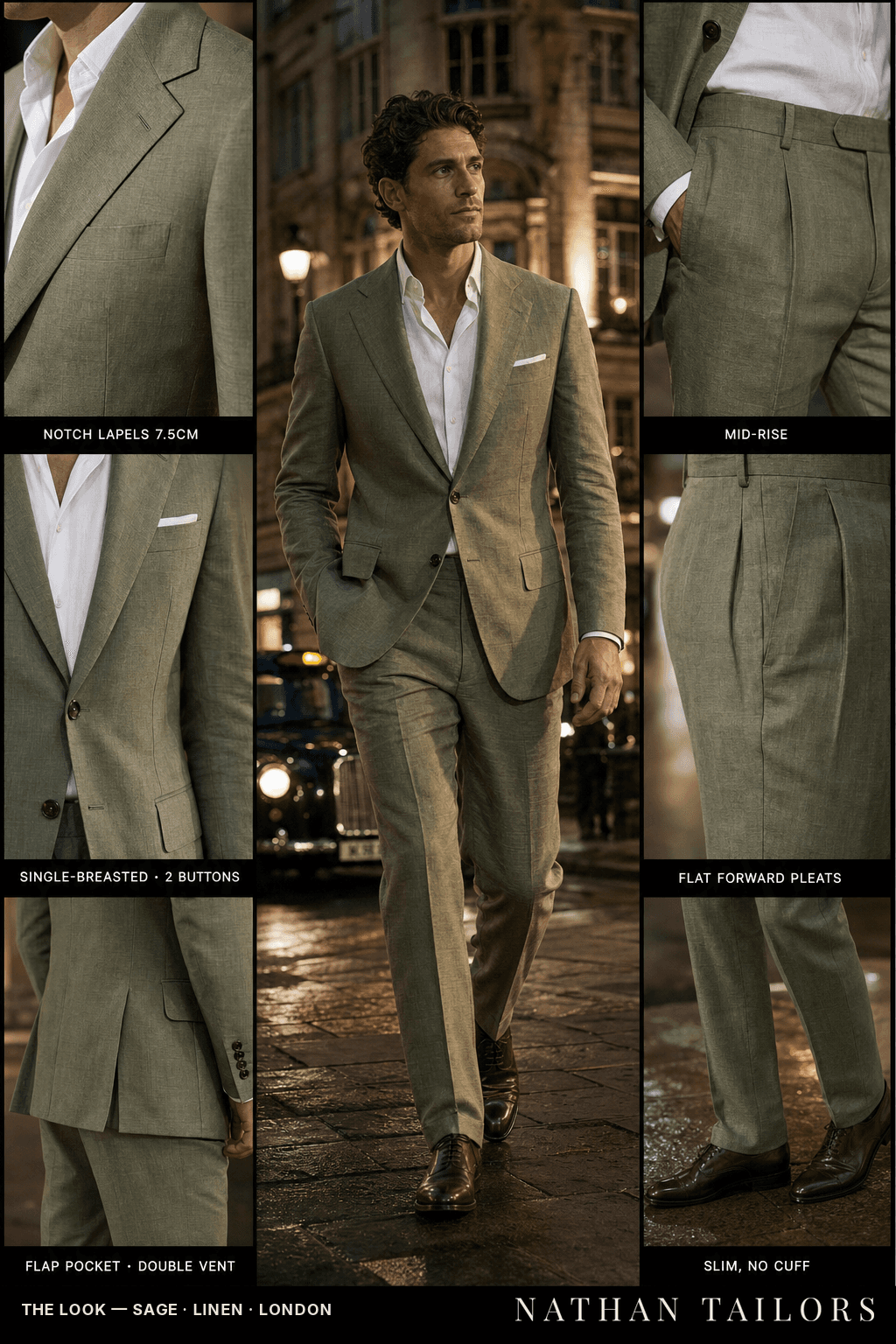 sage single-breasted bespoke suit — custom tailored by Nathan Tailors, the Hoi An custom tailor