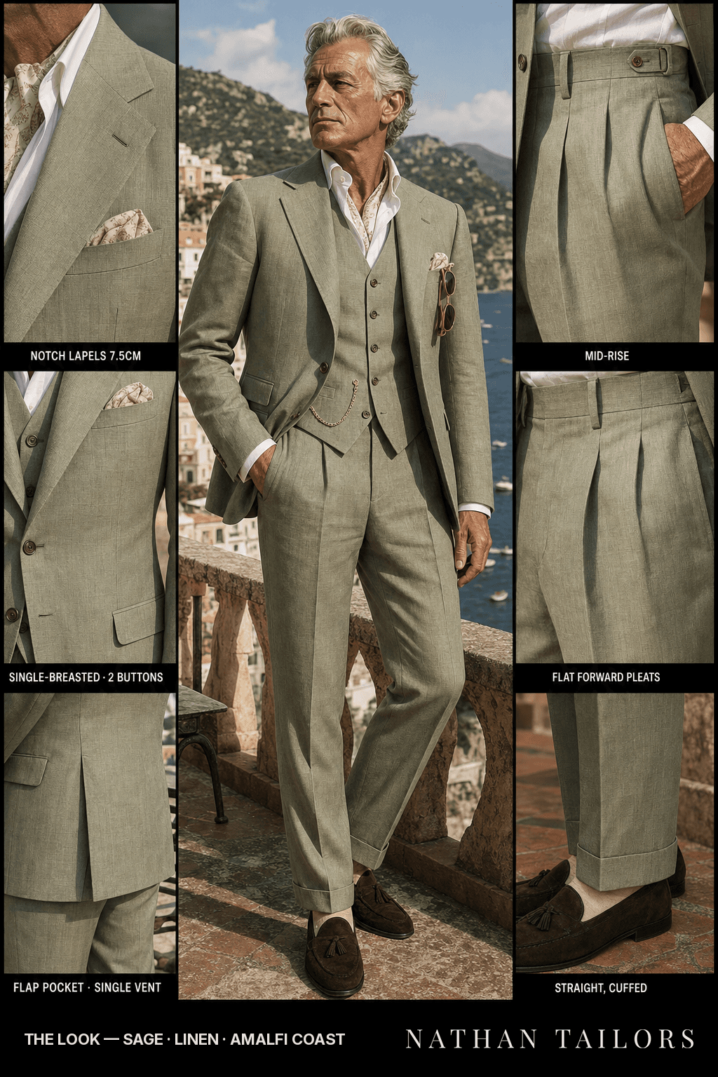 sage single-breasted bespoke suit — custom tailored by Nathan Tailors, the Hoi An custom tailor