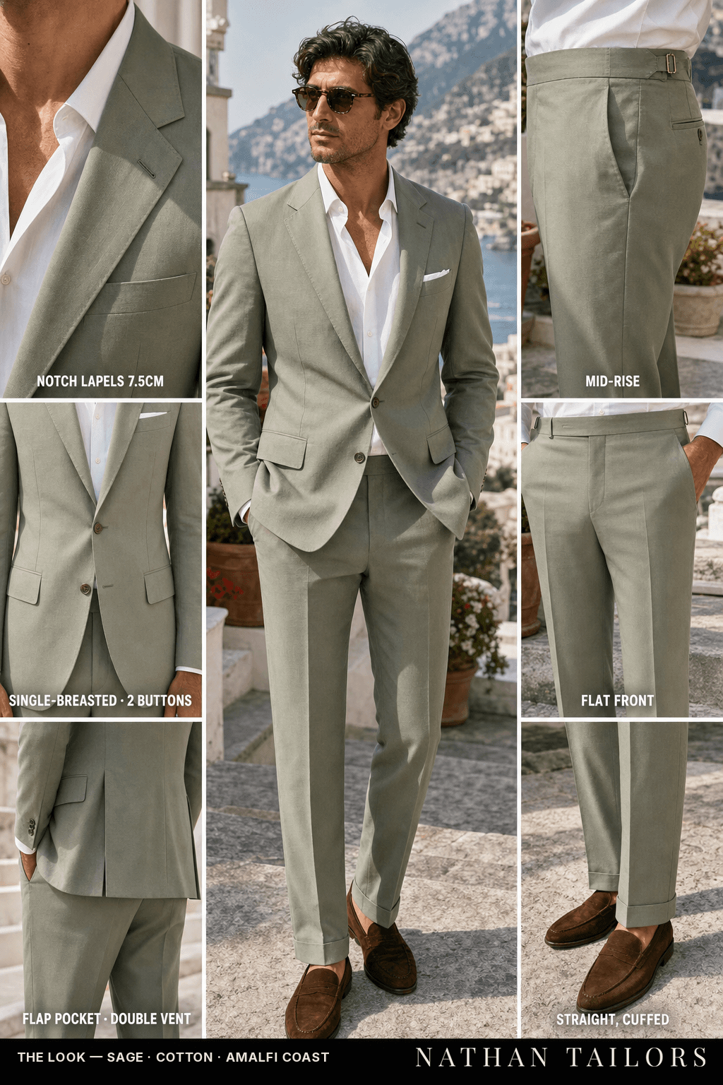 sage single-breasted bespoke suit — custom tailored by Nathan Tailors, the Hoi An custom tailor