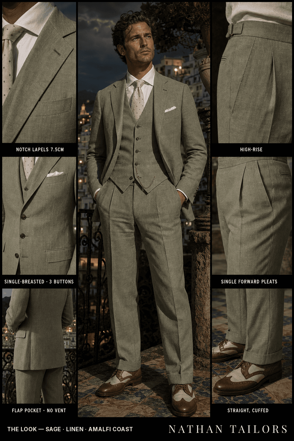 sage single-breasted notch-lapel bespoke suit — AI-rendered by Nathan Tailors, the Hoi An custom tailor. Available as a custom tailored suit from $149.