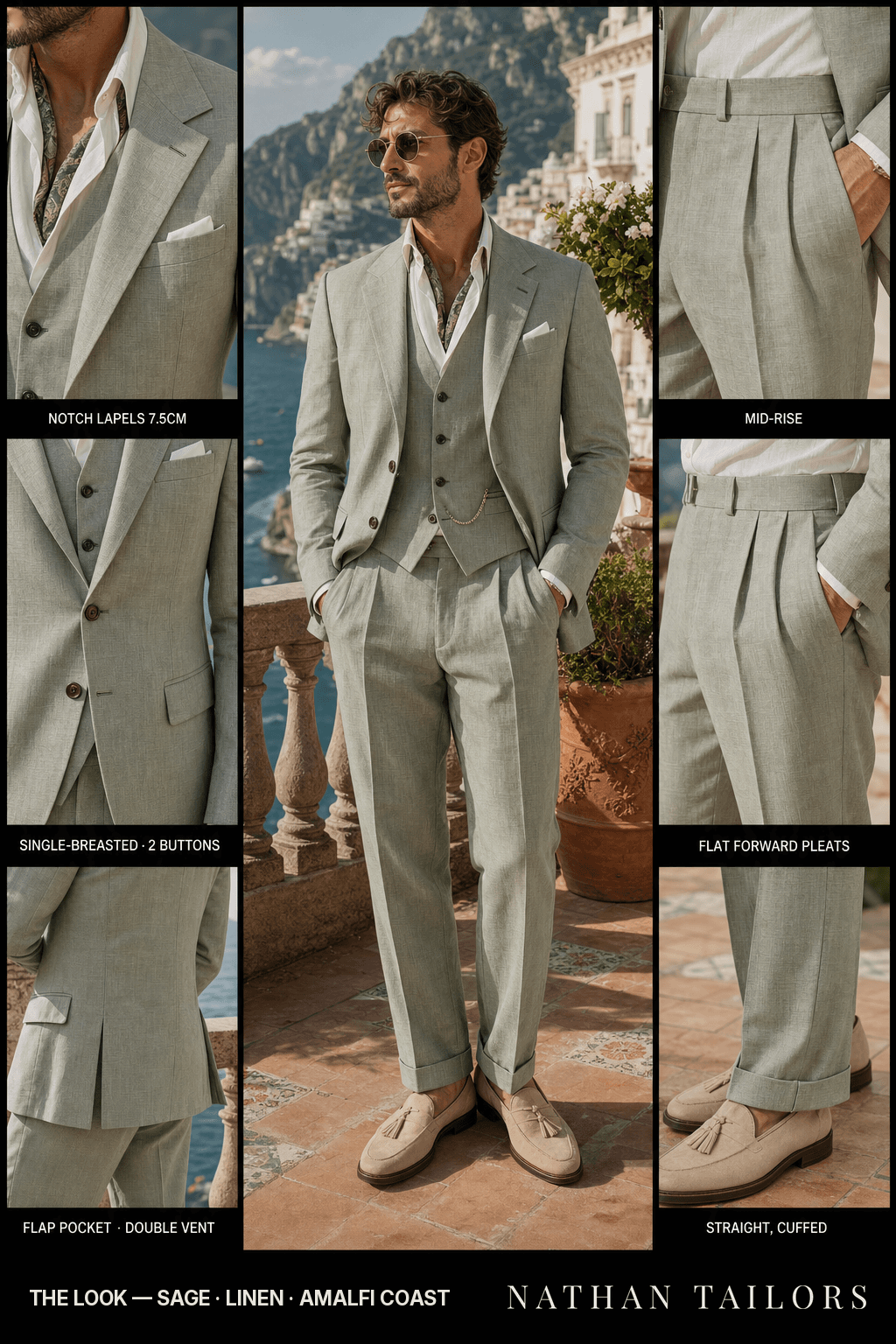 sage single-breasted bespoke suit — custom tailored by Nathan Tailors, the Hoi An custom tailor