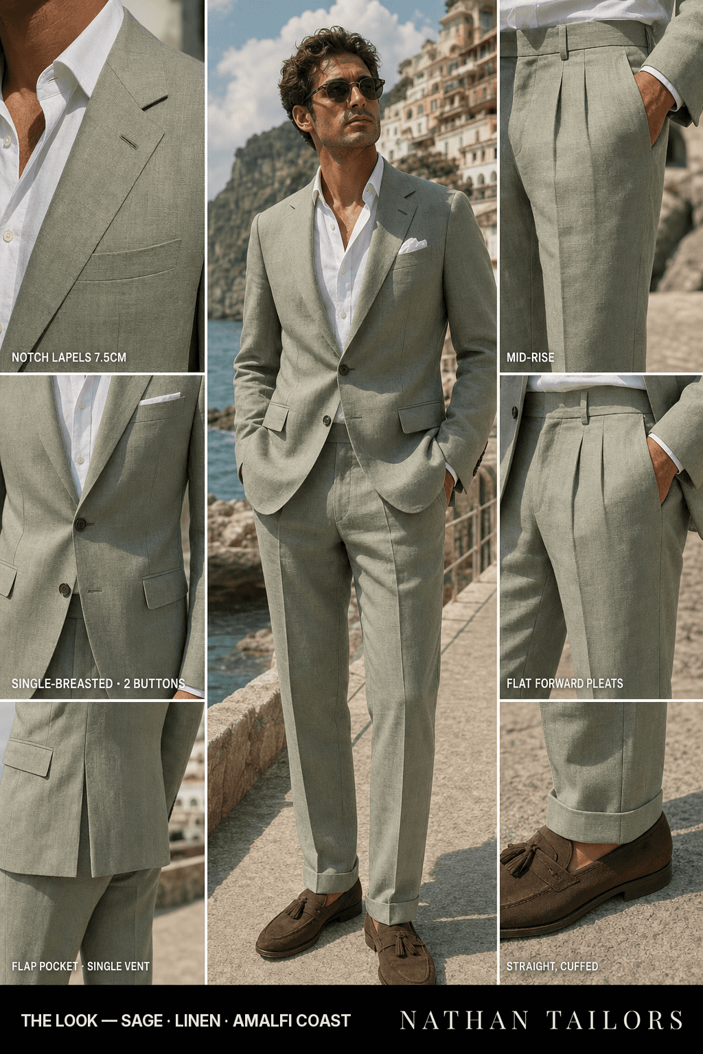 sage single-breasted bespoke suit — custom tailored by Nathan Tailors, the Hoi An custom tailor