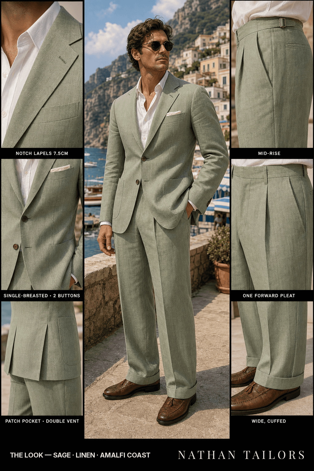 sage single-breasted bespoke suit — custom tailored by Nathan Tailors, the Hoi An custom tailor