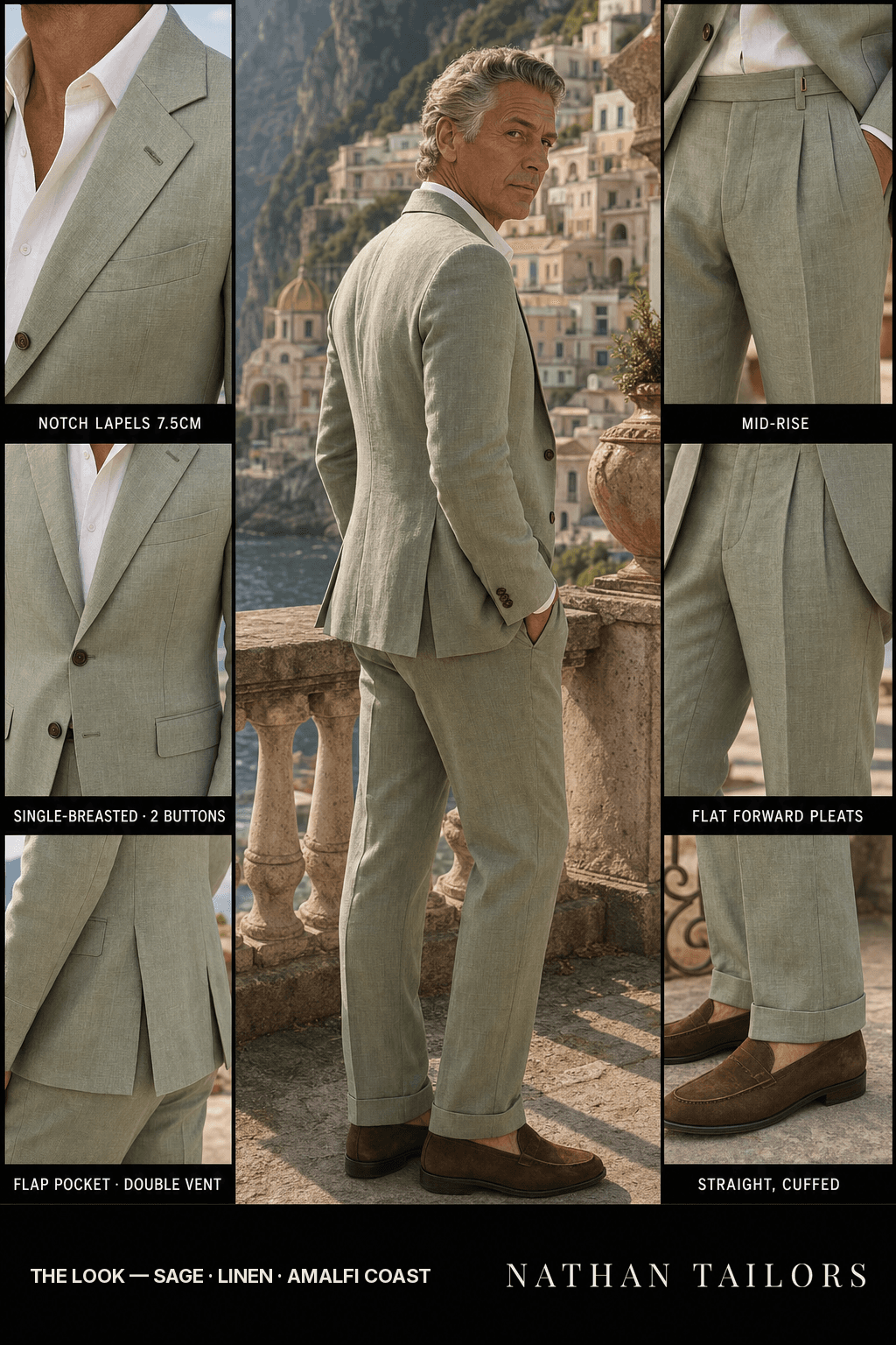 sage single-breasted bespoke suit — custom tailored by Nathan Tailors, the Hoi An custom tailor