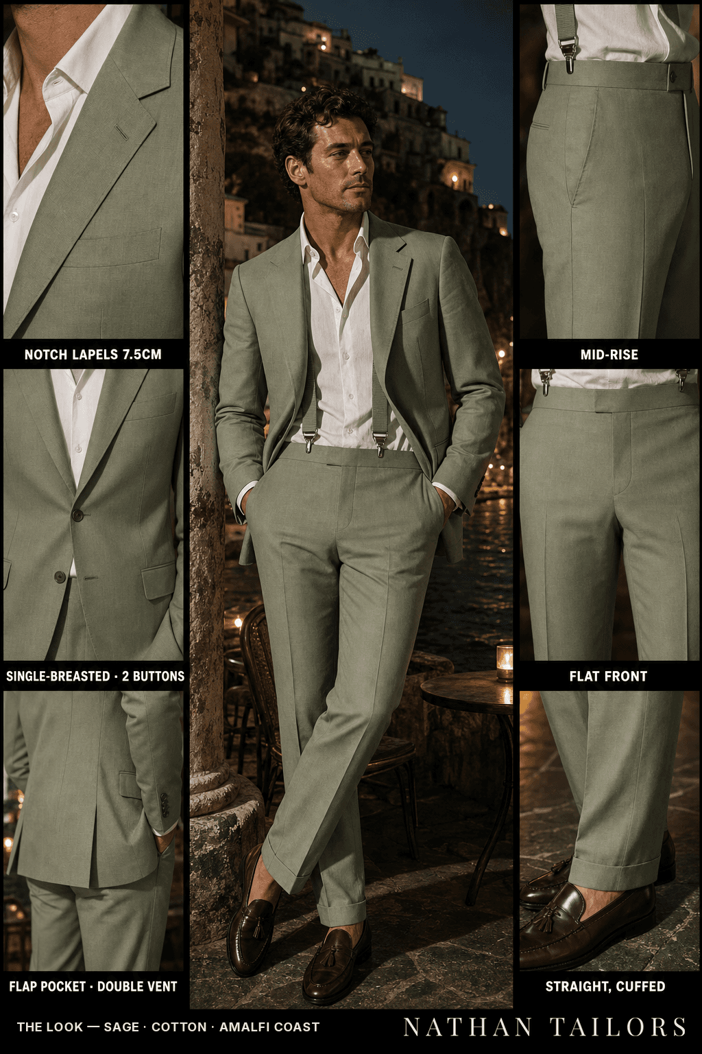 sage single-breasted bespoke suit — custom tailored by Nathan Tailors, the Hoi An custom tailor