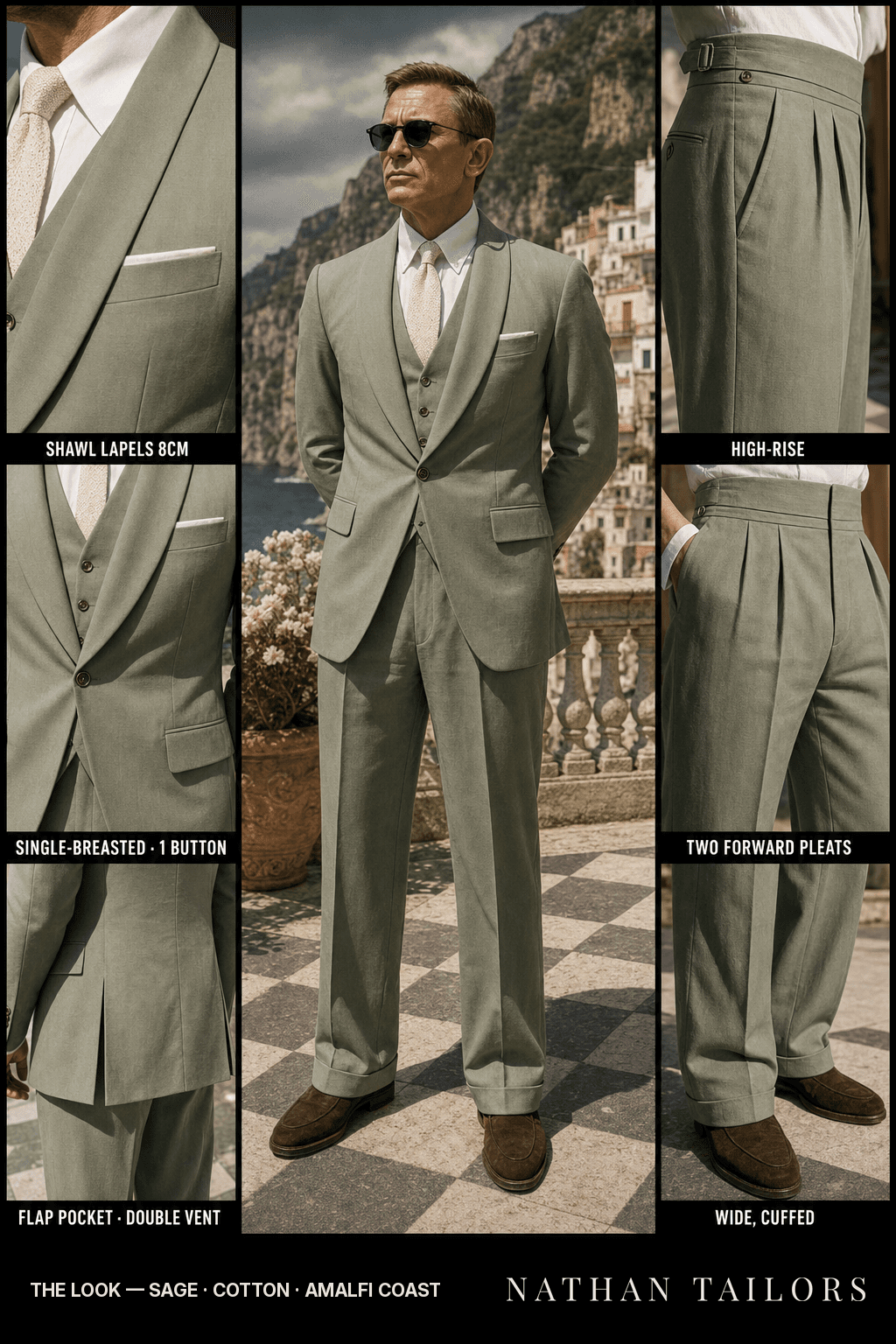 sage single-breasted shawl-lapel bespoke suit — AI-rendered by Nathan Tailors, the Hoi An custom tailor. Available as a custom tailored suit from $149.