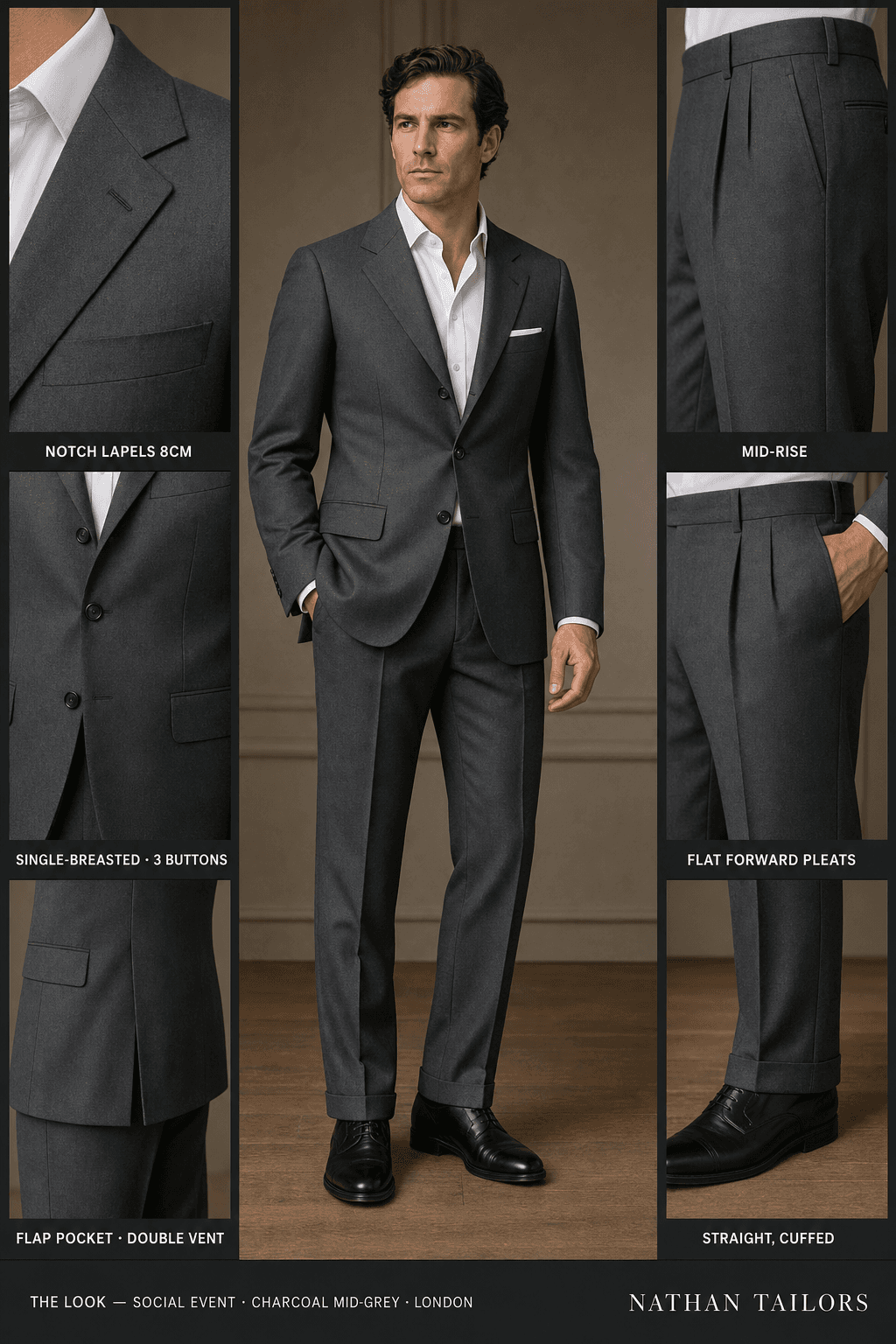 charcoal mid-grey single-breasted bespoke suit — custom tailored by Nathan Tailors, the Hoi An custom tailor