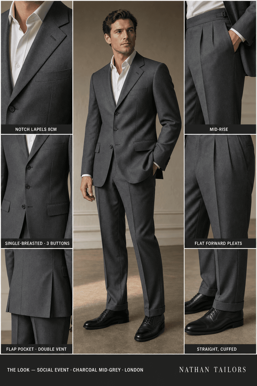charcoal mid-grey single-breasted bespoke suit — custom tailored by Nathan Tailors, the Hoi An custom tailor