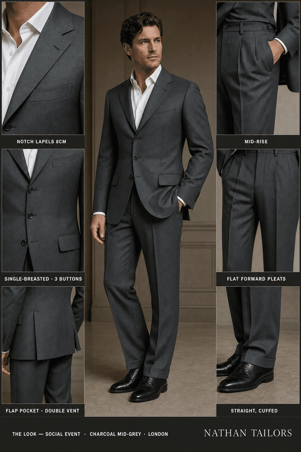 charcoal mid-grey single-breasted notch-lapel bespoke suit — AI-rendered by Nathan Tailors, the Hoi An custom tailor. Available as a custom tailored suit from $129.