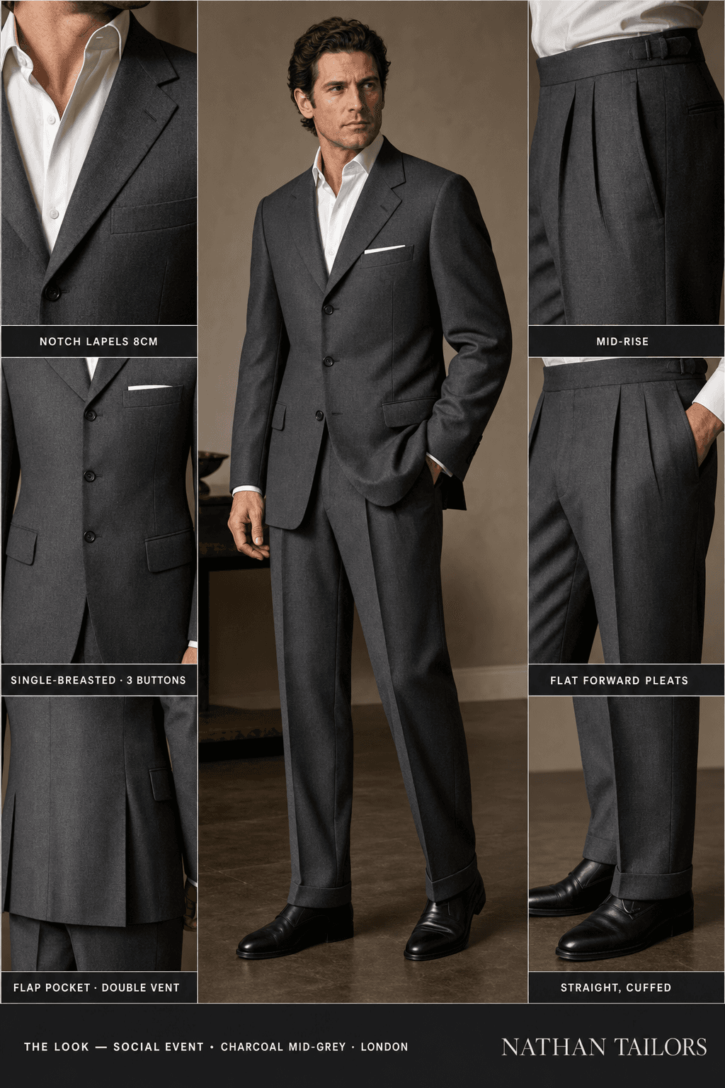 charcoal mid-grey single-breasted notch-lapel bespoke suit — AI-rendered by Nathan Tailors, the Hoi An custom tailor. Available as a custom tailored suit from $129.