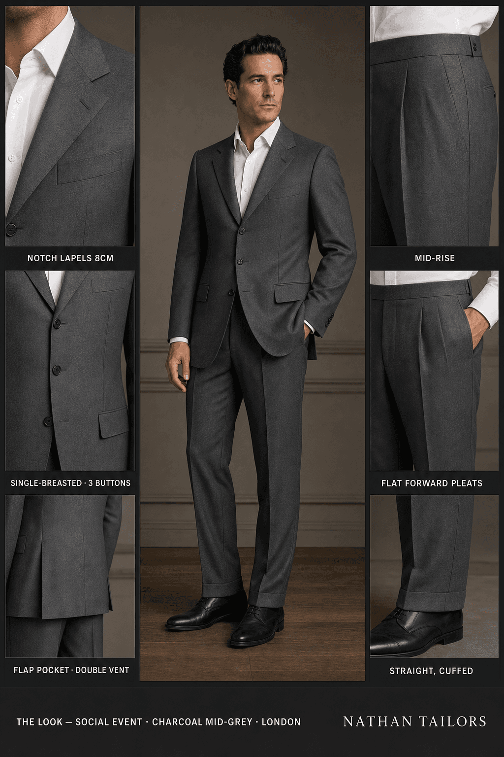 charcoal mid-grey single-breasted bespoke suit — custom tailored by Nathan Tailors, the Hoi An custom tailor