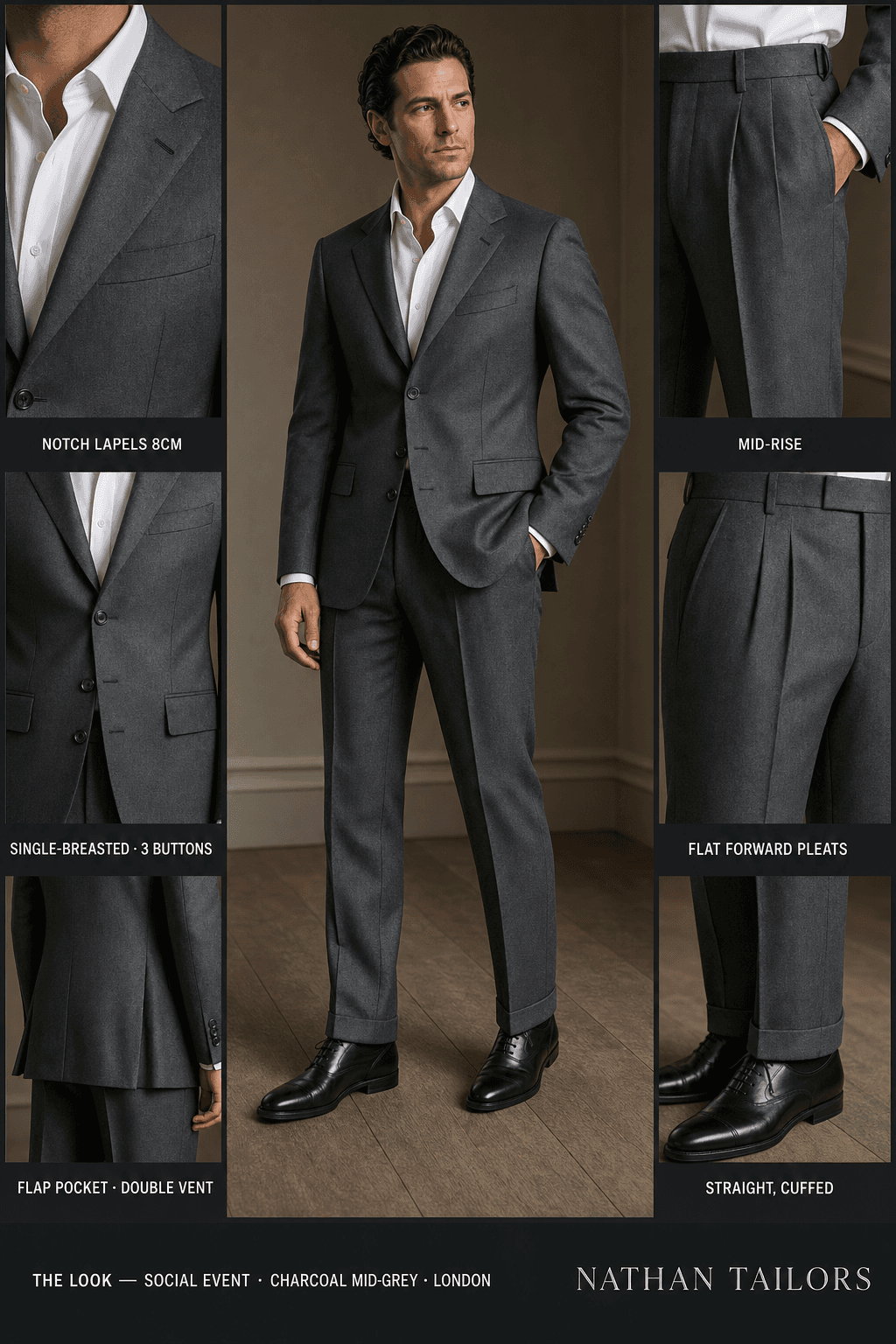 charcoal mid-grey single-breasted notch-lapel bespoke suit — AI-rendered by Nathan Tailors, the Hoi An custom tailor. Available as a custom tailored suit from $129.