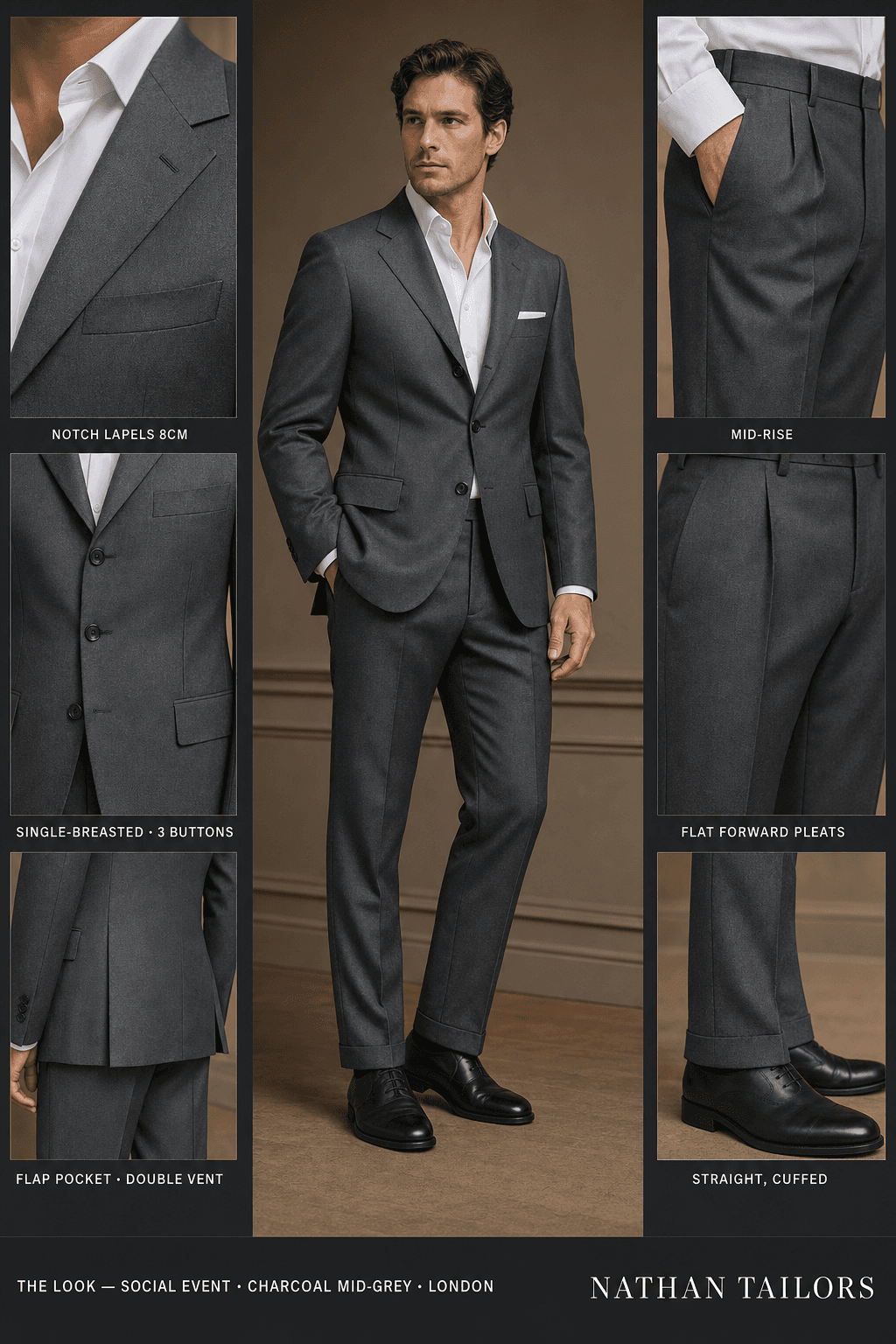 charcoal mid-grey single-breasted notch-lapel bespoke suit — AI-rendered by Nathan Tailors, the Hoi An custom tailor. Available as a custom tailored suit from $129.