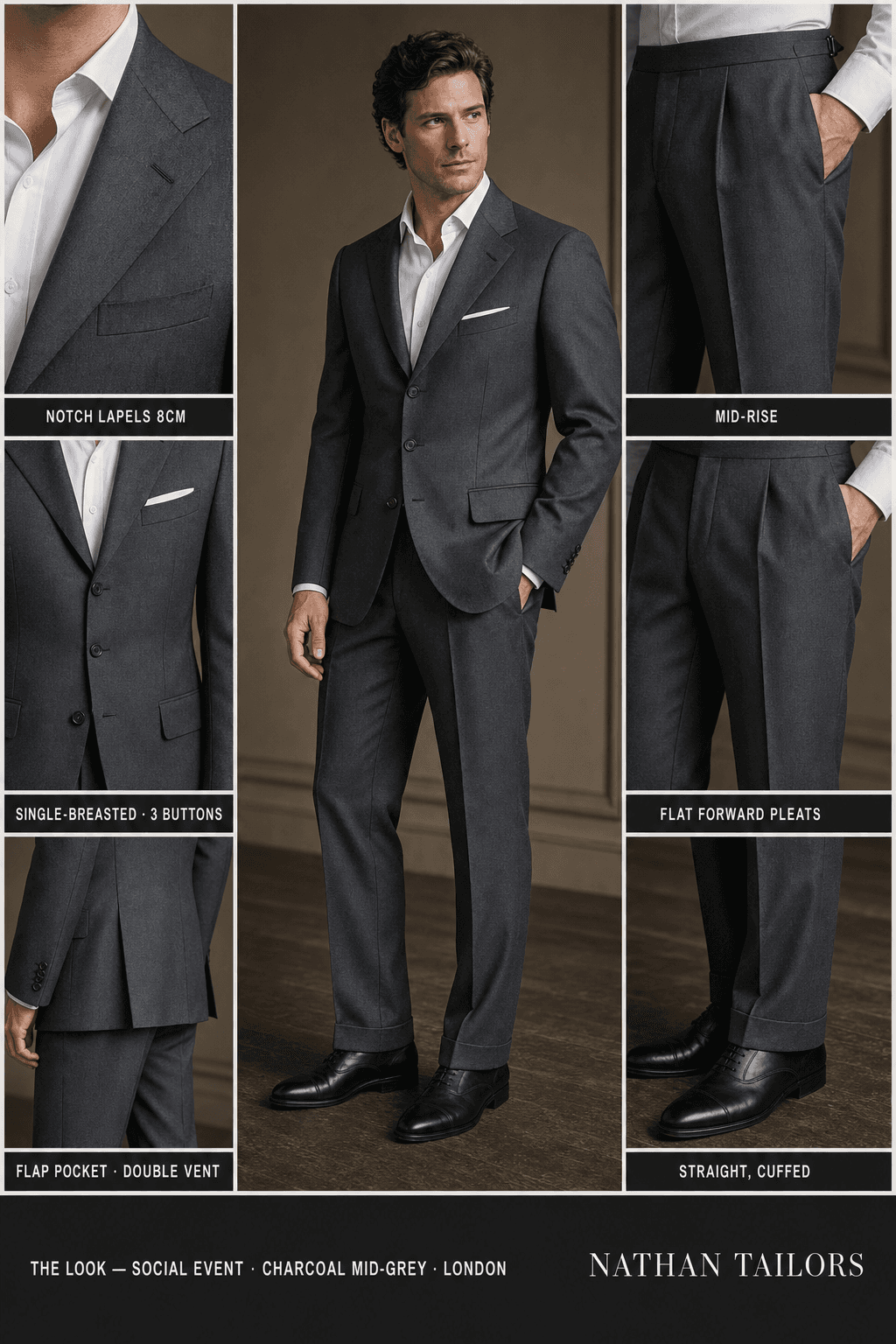 charcoal mid-grey single-breasted notch-lapel bespoke suit — AI-rendered by Nathan Tailors, the Hoi An custom tailor. Available as a custom tailored suit from $129.