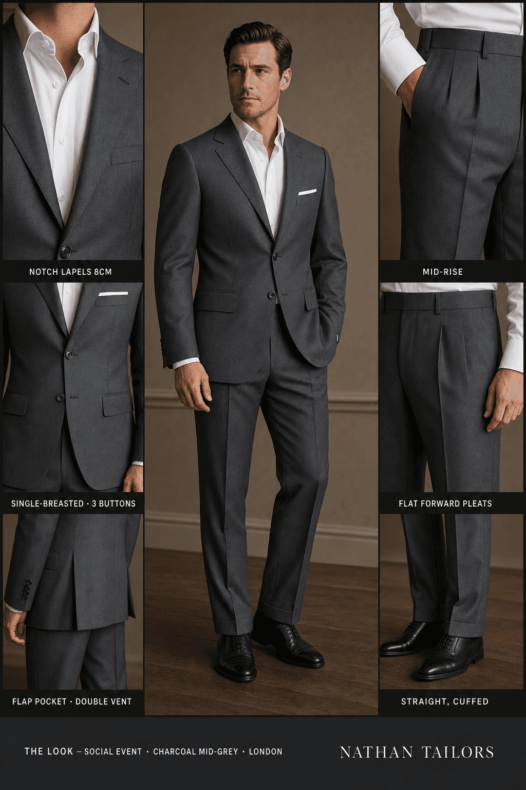 charcoal mid-grey single-breasted notch-lapel bespoke suit — AI-rendered by Nathan Tailors, the Hoi An custom tailor. Available as a custom tailored suit from $129.