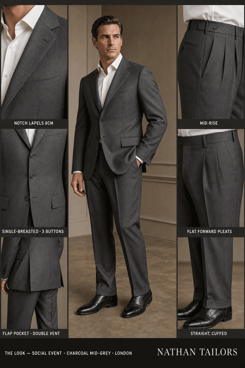 charcoal mid-grey single-breasted notch-lapel bespoke suit — AI-rendered by Nathan Tailors, the Hoi An custom tailor. Available as a custom tailored suit from $129.