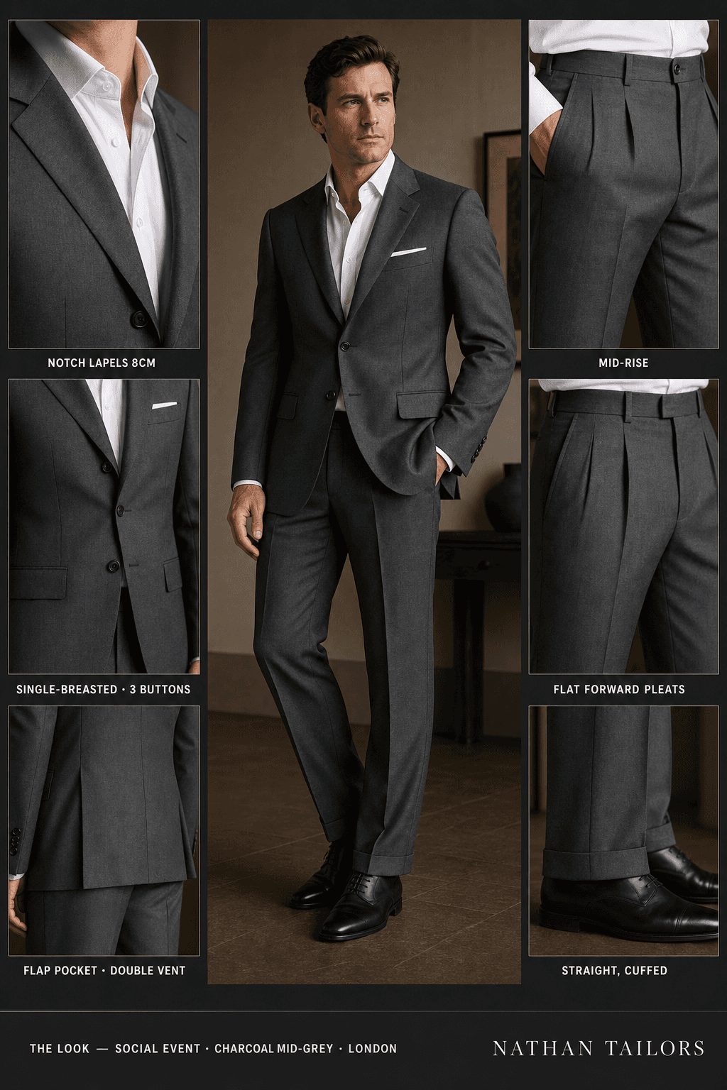 charcoal mid-grey single-breasted bespoke suit — custom tailored by Nathan Tailors, the Hoi An custom tailor