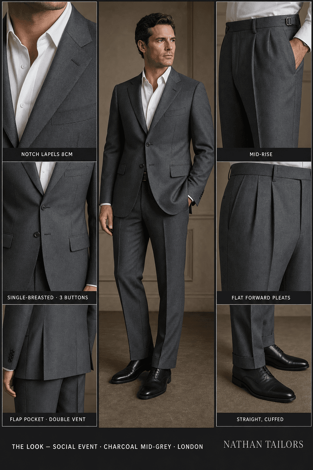 charcoal mid-grey single-breasted notch-lapel bespoke suit — AI-rendered by Nathan Tailors, the Hoi An custom tailor. Available as a custom tailored suit from $129.