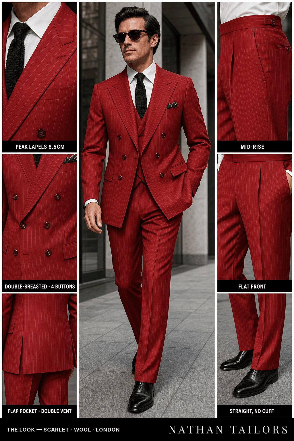 Scarlet pinstripe double-breasted peak-lapel bespoke suit — AI-rendered by Nathan Tailors, the Hoi An custom tailor. Available as a custom tailored suit from $149.