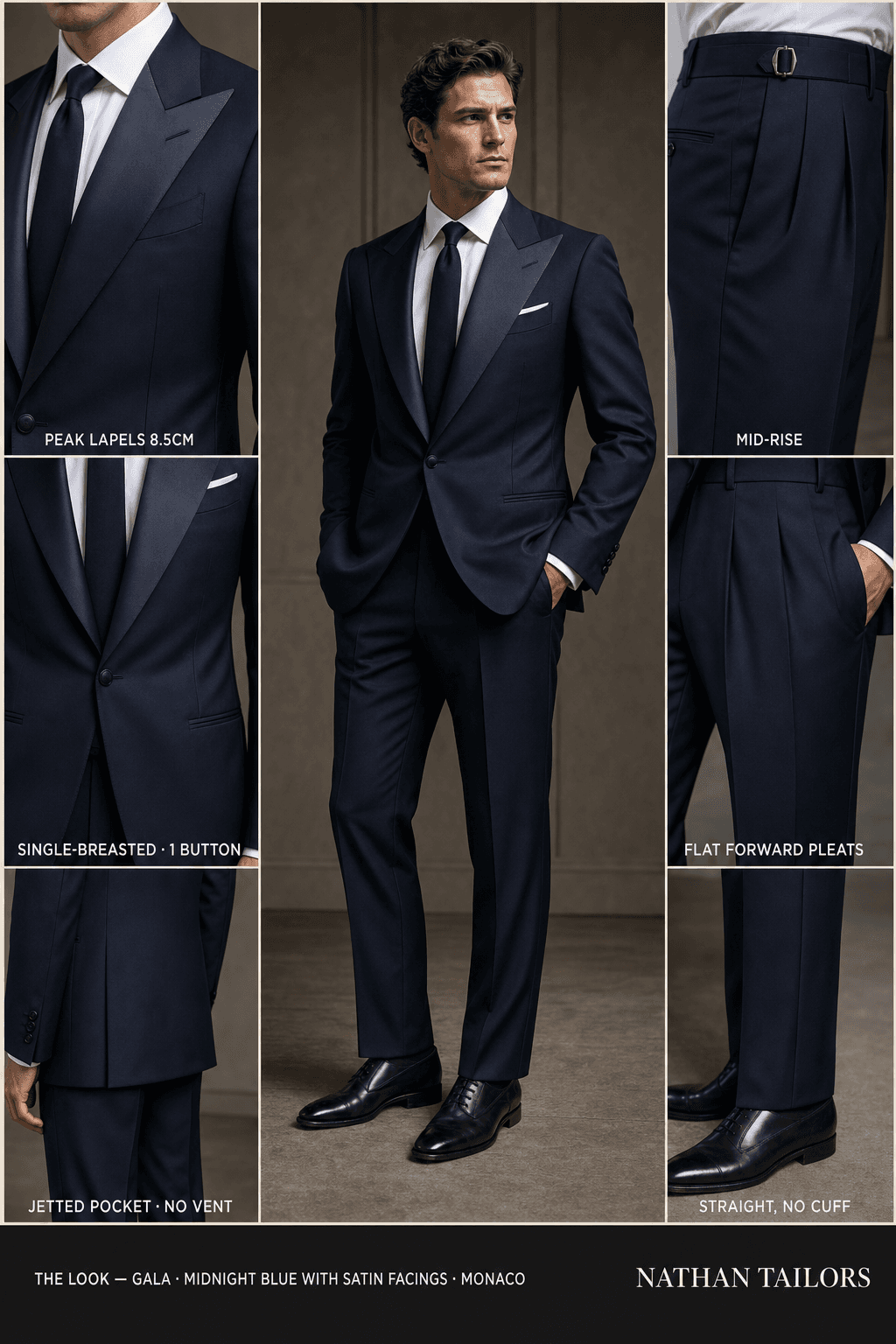 midnight blue with satin facings single-breasted peak-lapel bespoke suit — AI-rendered by Nathan Tailors, the Hoi An custom tailor. Available as a custom tailored suit from $129.