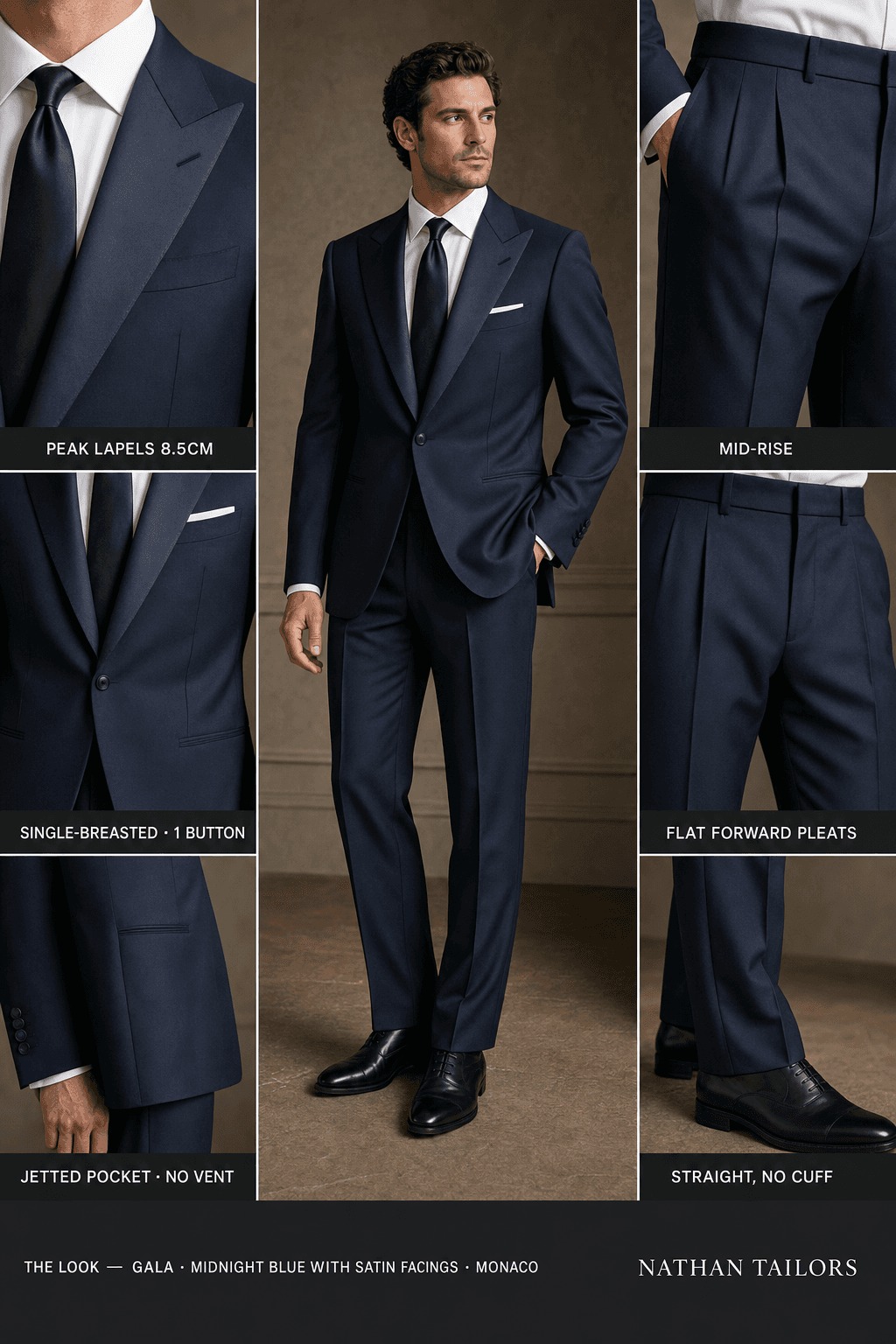 midnight blue with satin facings single-breasted peak-lapel bespoke suit — AI-rendered by Nathan Tailors, the Hoi An custom tailor. Available as a custom tailored suit from $129.